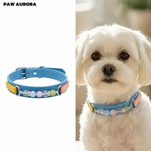 Handmade Leather Pet Collar with Natural Crystal, Adjustable Safety Buckle, Prussian Blue and Peach, Dog and Cat Collar