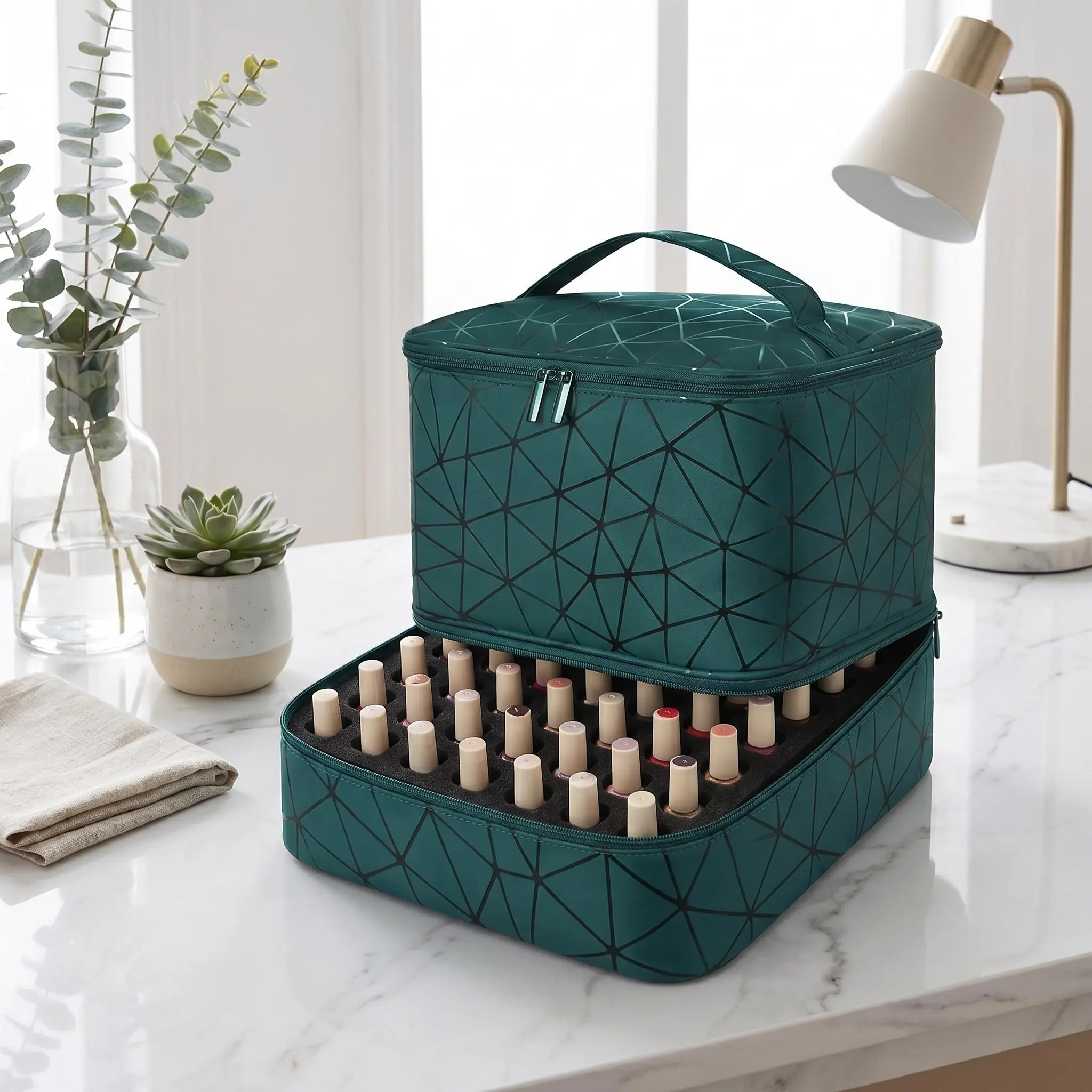 PU Leather Nail Polish Organizer, Geometric Makeup Storage Case for Travel with a Double Layer, Holds 30 Bottles & Nail Lamp, Leakproof and Water-Resistant with Detachable Dividers, Makeup Storage Organizer, Dustproof, Hanging, Large, Minimalist Declutter