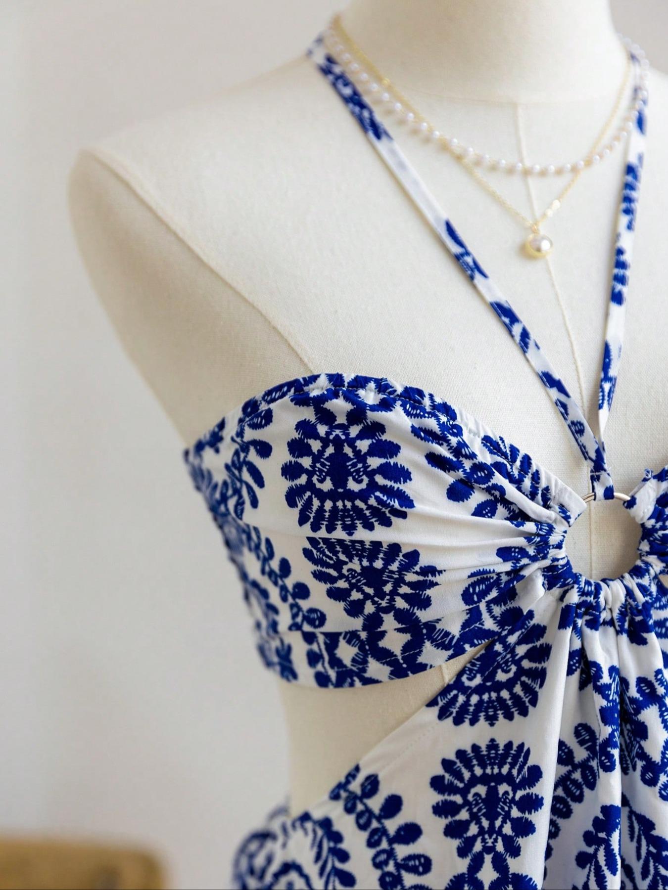 Women's Boho Vacation printed pattern Sexy Halter Drawstring Hollow Waist Dress, Suitable For Beach, Music Festival, Hippie, Party, Date, Afternoon Tea