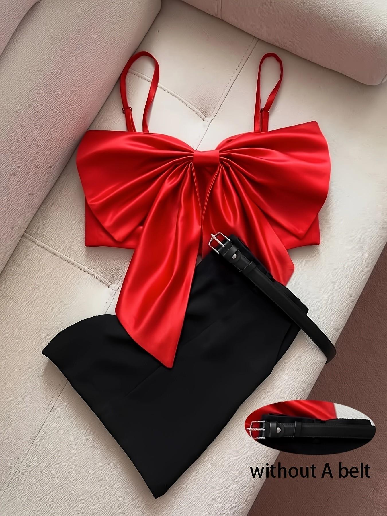 Satin Large Bow Backless Top & High Waist Shorts Set, Party for Girls, Two-Piece Ensemble for Gatherings, Womenswear Outfit, Lady