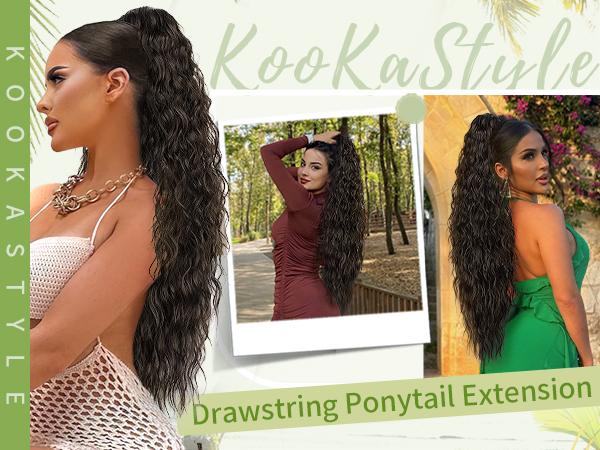 [ Kookastyle ] Ponytail Extension 30 Inch Drawstring Pony Tails Hair Extensions for Women Long Curly Brunette Brown Ponytail Synthetic Hairpieces for Daily Use