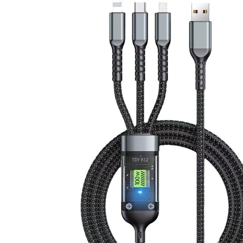 New 100w USB Type-C Super Fast Charging Cable, Compatible with iPhone Samsung Xiaomi Huawei, LED Light, Durable Design, 1.2m Triple Function Charger