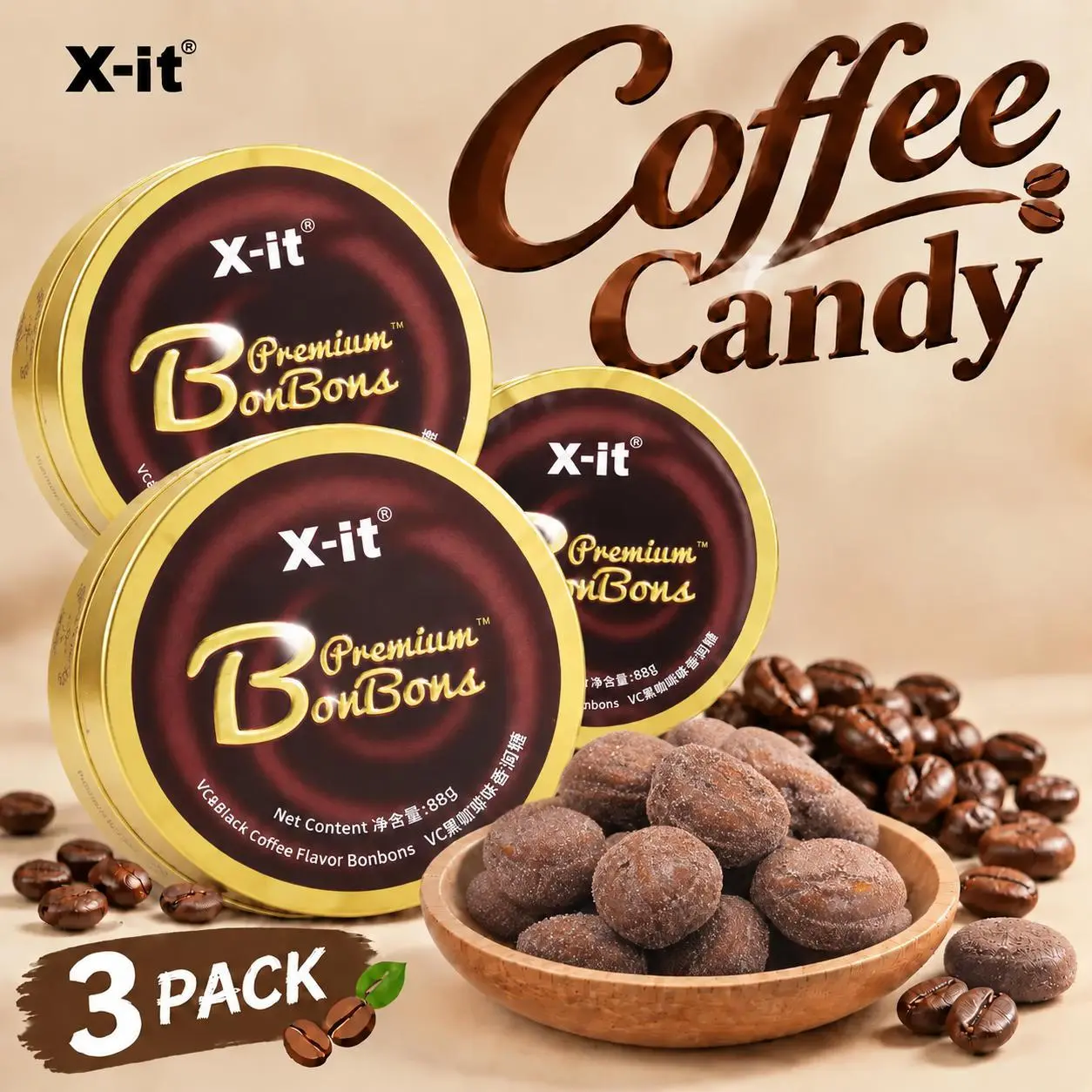 X-it Black Coffee Hard Candy Mints with Vitamin C, 88g x3 Tins, 3-Tin Pack, Coffee Candy Breath Mints for Energy, Office, Driving & Travel, Gluten Free, No Aspartame