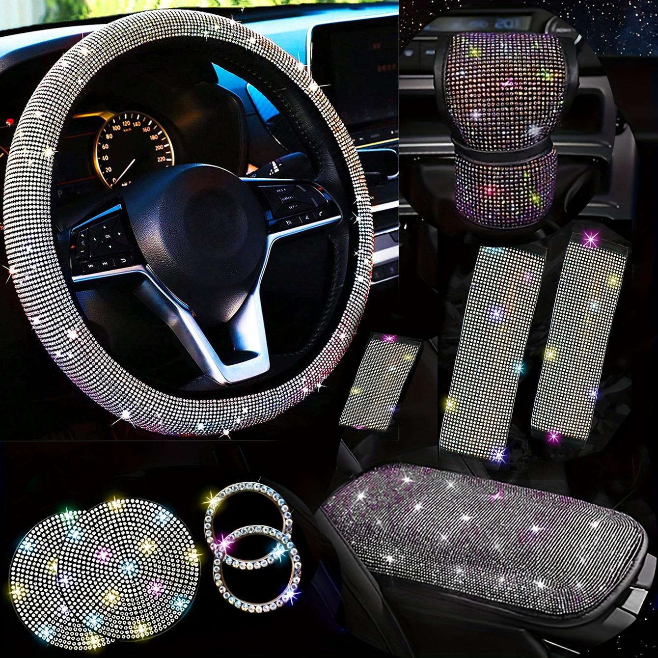 10-Piece Car Interior Set, Bling Car Accessories, Diamond Steering Wheel Covers, Sparkling Rhinestone Seat Belt Clips, Gear Shift Cover, Cup Mat, Fits Most Cars