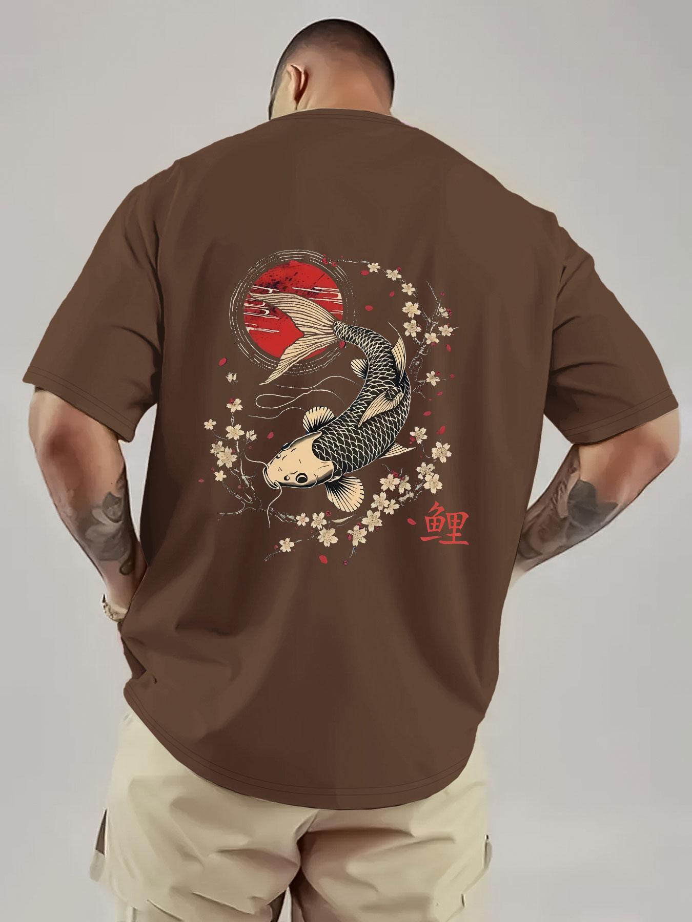 Japanese Koi and Cherry Blossom Print Men's T-Shirt, Breathable Heavyweight Short Sleeve, Streetwear for Music Festivals and Daily Wear