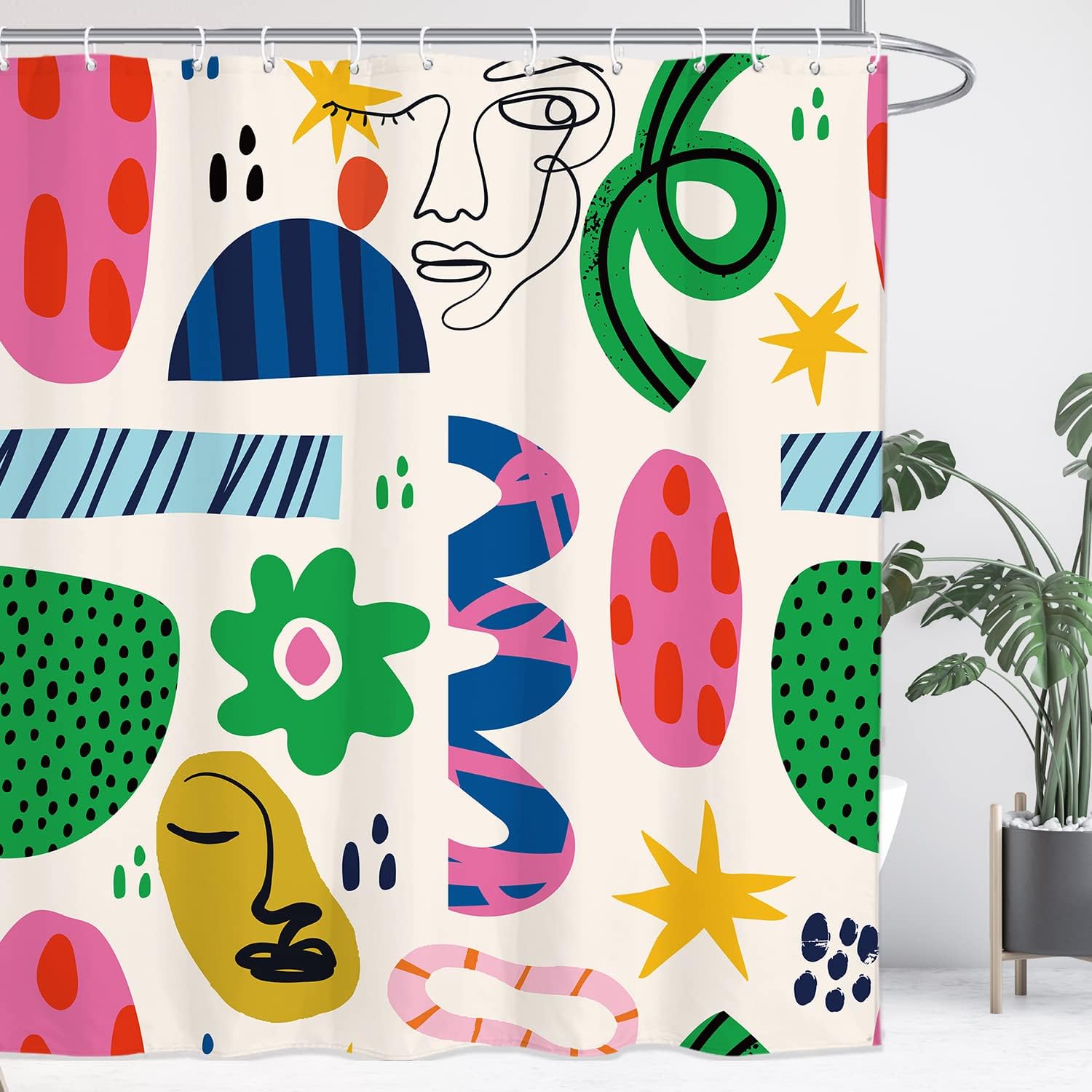 Abstract Face Line Art Shower Curtain, Colorful Pastel Modern Minimalist Aesthetic Contemporary Waterproof Bathroom Decor