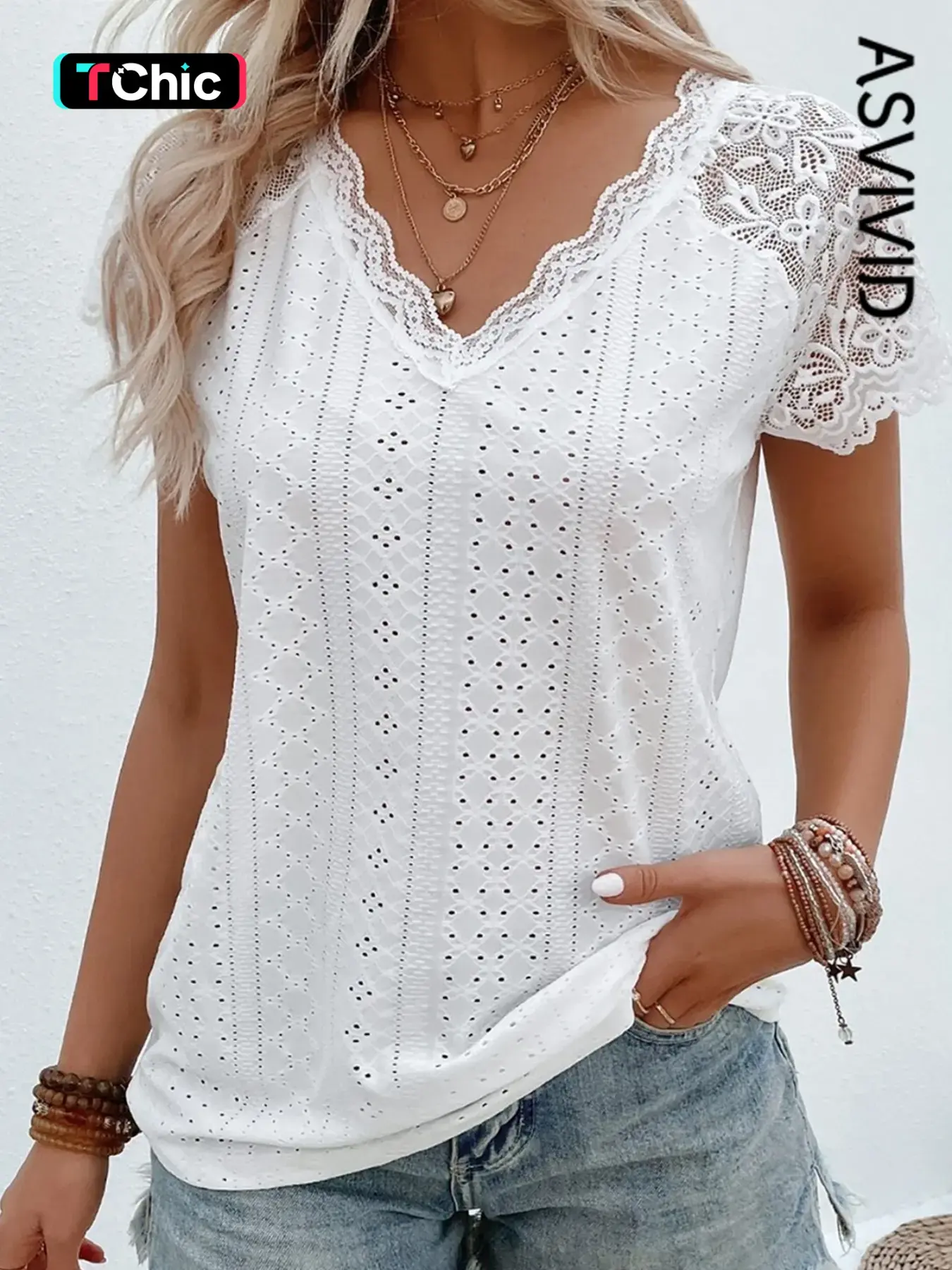 Women's Sheer Lace Eyelet Embroidered Solid Color Tee Top Shirts, Elegant Chic Casual Short Sleeves for Summer, Daily Wear