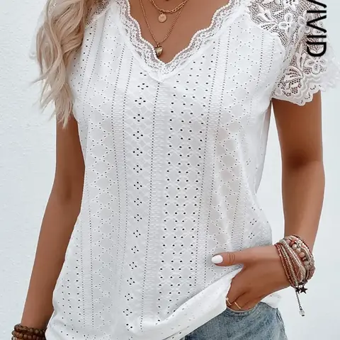 Women's Sheer Lace Eyelet Embroidered Solid Color Tee Top Shirts, Elegant Chic Short Sleeves for Summer, Daily Wear Piece