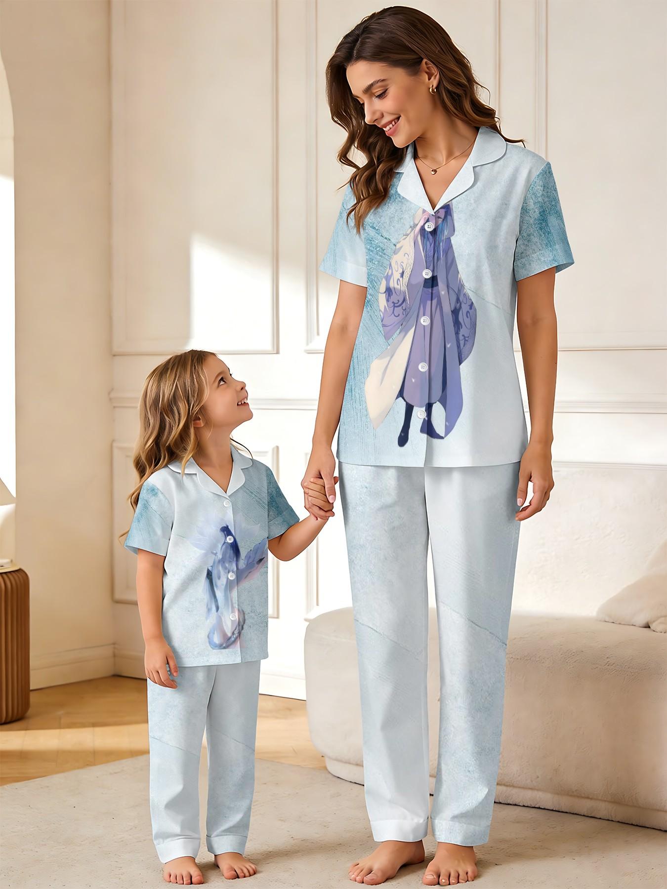3D Ice Blue Anime Parent-Child Pajamas, Traditional Style 3D Print, Mother-Daughter Home Wear, Cool and Comfortable Sleepwear