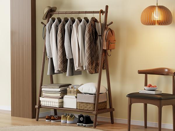 Solid Wood Clothes Rack, Clothing Rack with Shelf and Hook, Sturdy and Portable, Garment Rack for Hanging Clothes,Coats,Skirts,Shoes,Bags,Easy to Assemble (Walnut)