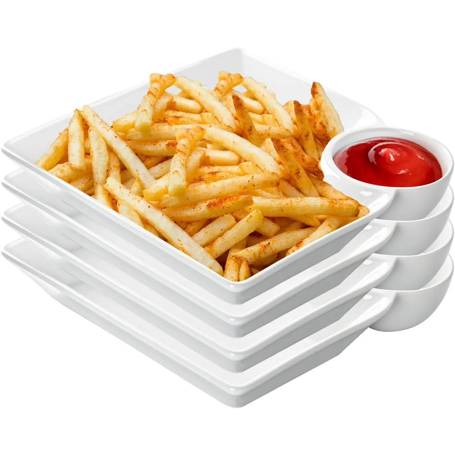 Chip and Dip Serving Platter Set of 4-8 Inch Ceramic Divided Plates with Sauce Compartment, Food-Safe Snack Plate for Dumpling, Sushi, Appetizer, Taco - White