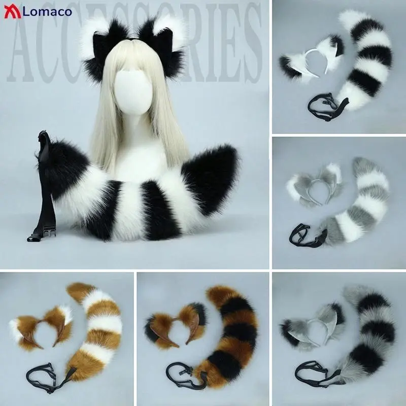 Plush Fox Tail and Ears Set Cosplay Props Cat Wolf Ears Headband Tail Headwear Sets Cute Girls Women Halloween Party Accessories