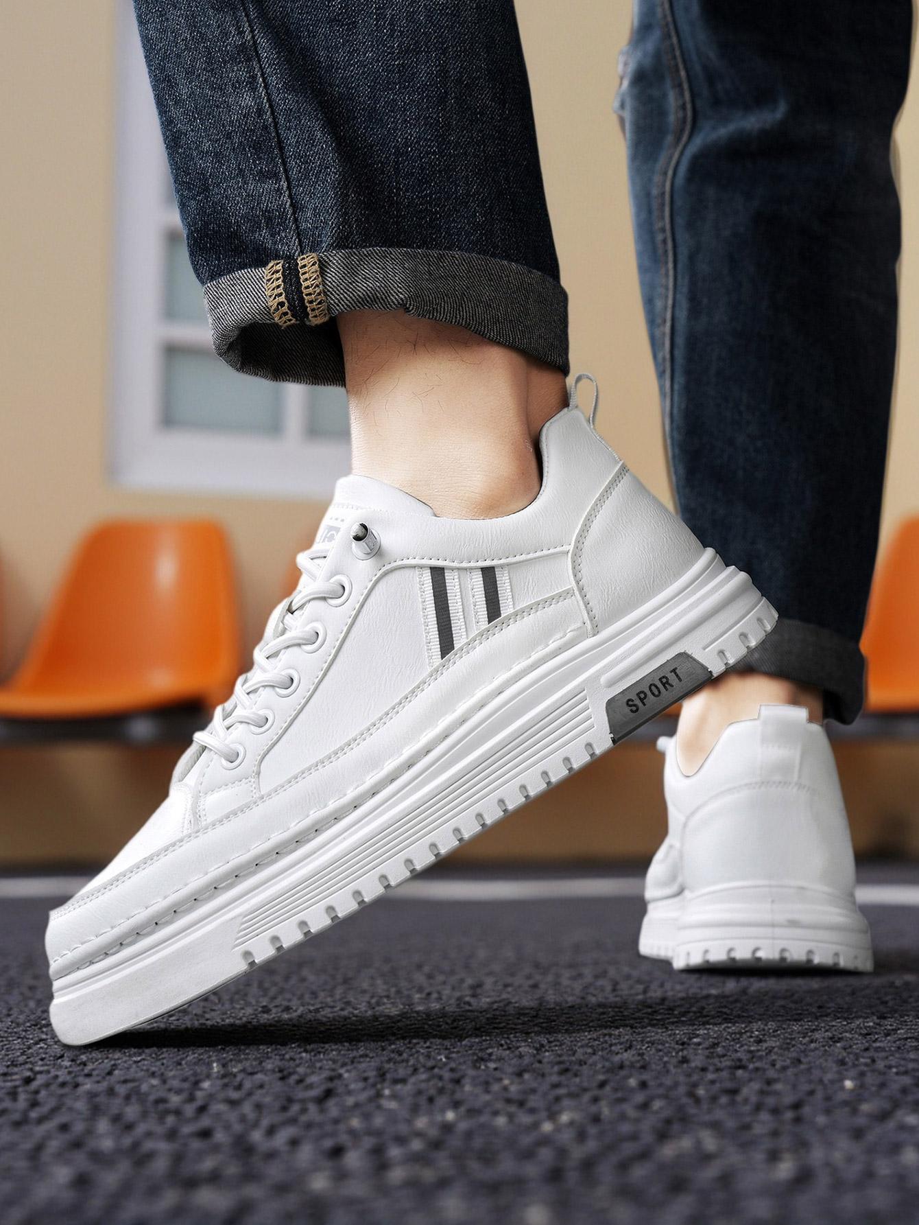 Men's Summer Thick Sole Sneakers, Simple Striped Casual Board Shoes, Soft Leather Breathable Lightweight, Height Boosting Slim Fit, Versatile Daily Wear