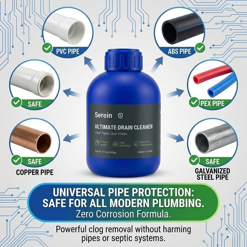Serein Strong Pipe Unblocker, Quick Dissolving Clog Remover, Effective Drain Cleaner, Fast Acting Plumbing Solution, Home Maintenance Essential