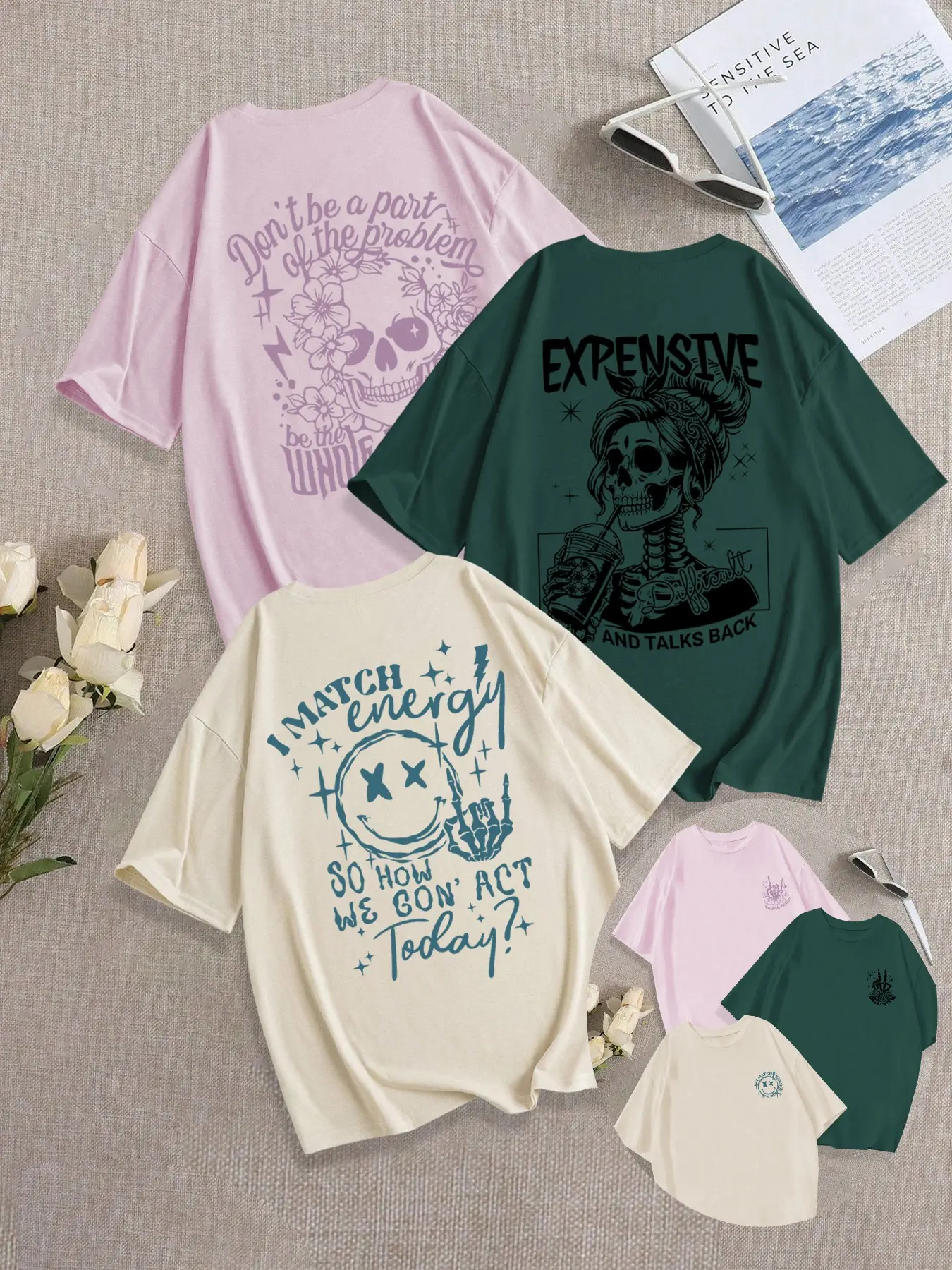 Pink purple + dark green + khaki