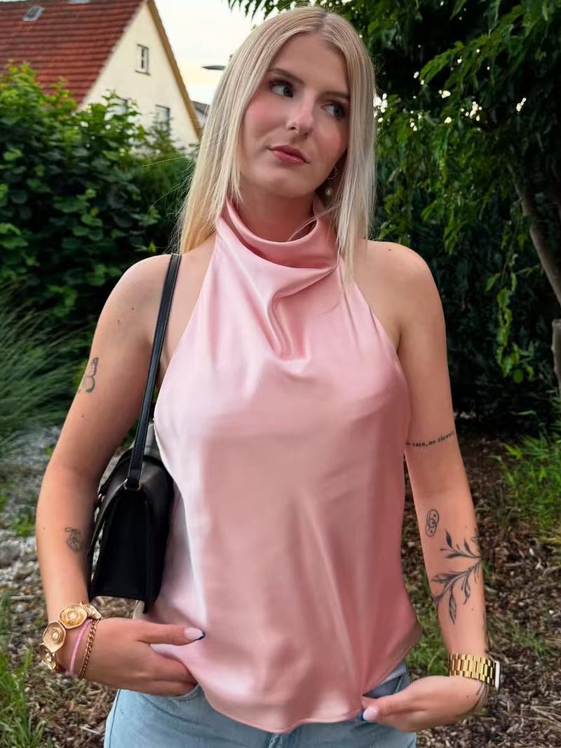 Sexy Satin Halter Top Women Corset Tanks & Camis Backless Crop Top Woman y2k Sleeveless Tank Tops Ladies Fashion Black White Orange Pink Yellow Brown Top Casual Vacation Top