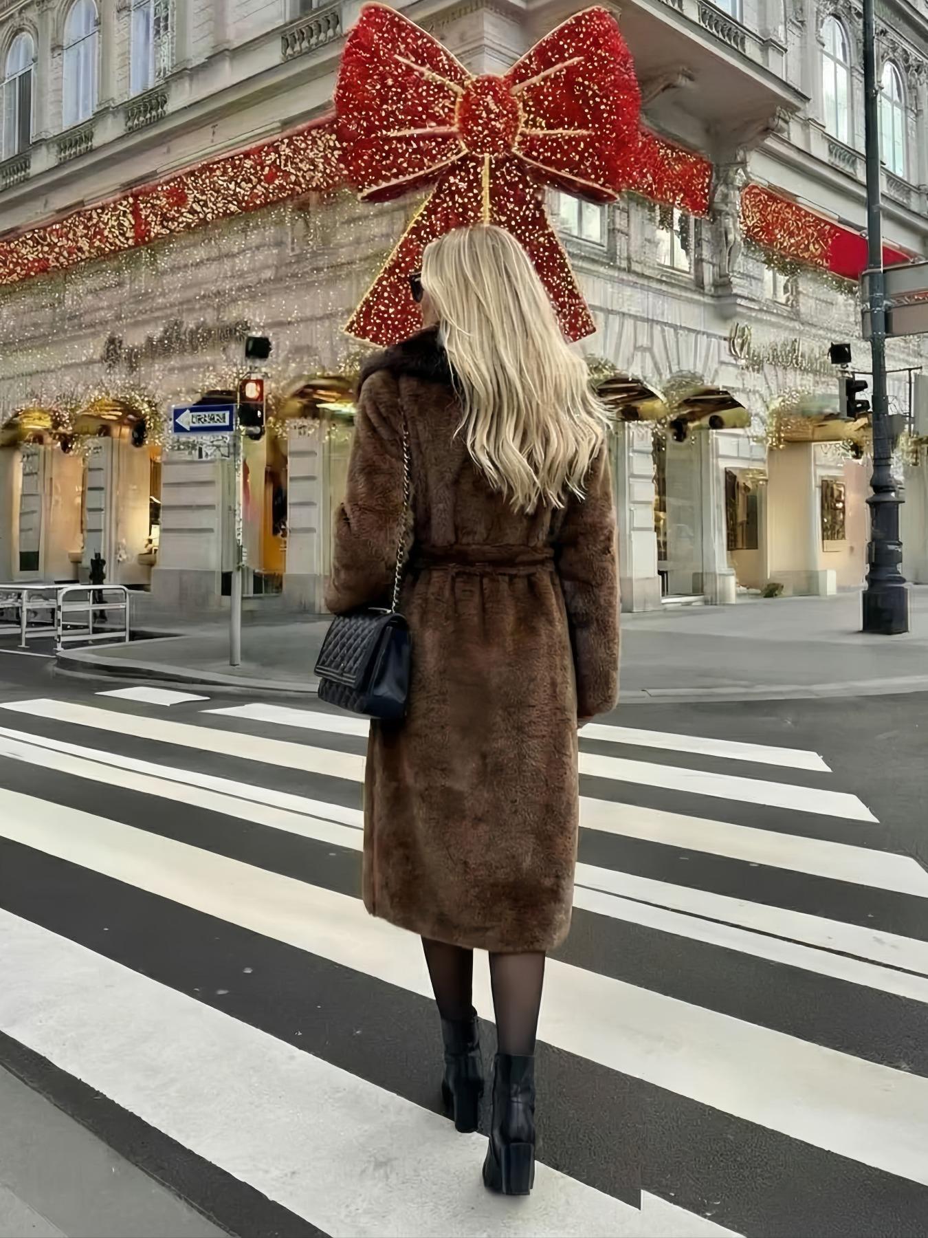 Women's Faux Fur Coat, Autumn Winter Chic Fashionable Long Sleeve Jacket, Elegant Thick Retro Loose Fit Medium-Length Outerwear