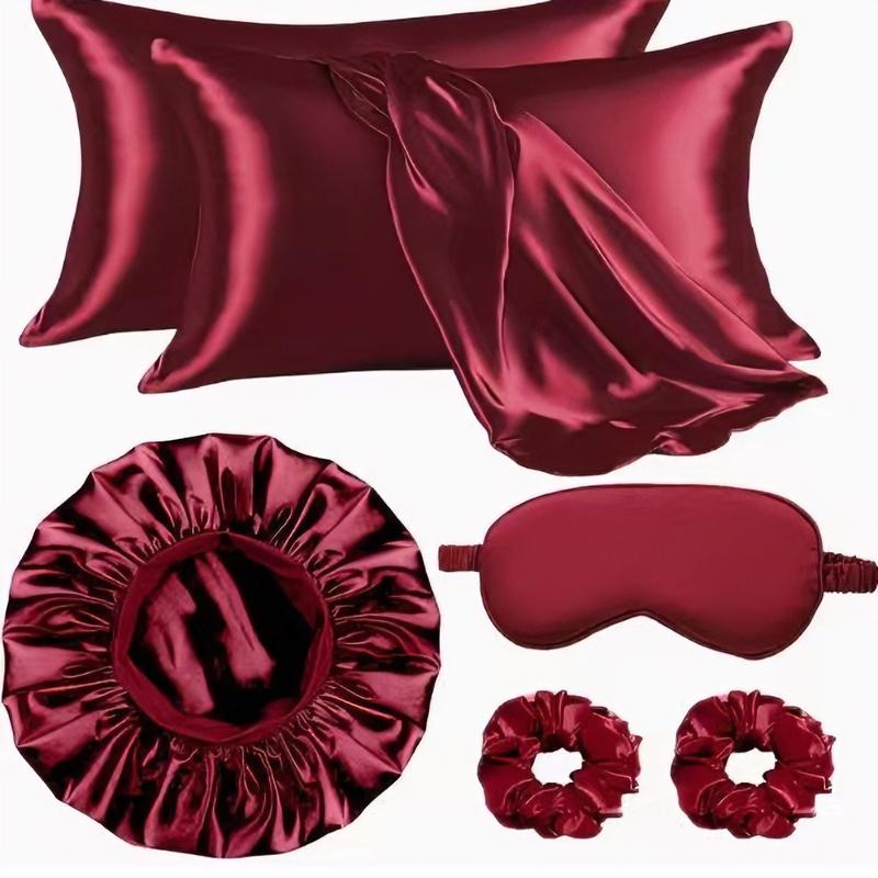Silk Hair Care Set, 6-Piece Kit (pillowcase + Sleep Cap + Eye Mask + Headband), Anti-Tangle, No Heat Styling, Wide Brim Sleep Cap, Women's Bath Hat