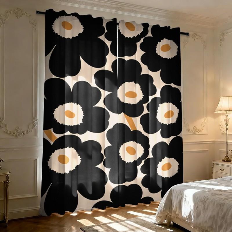 2-piece Spring & Summer Flower Cartoon Print Rod Pocket Curtains, Modern Knit Polyester Curtains, Suitable for Bedroom, Kitchen, Office, Living Room - Machine Washable, Versatile Room Decor, Living Room Curtains