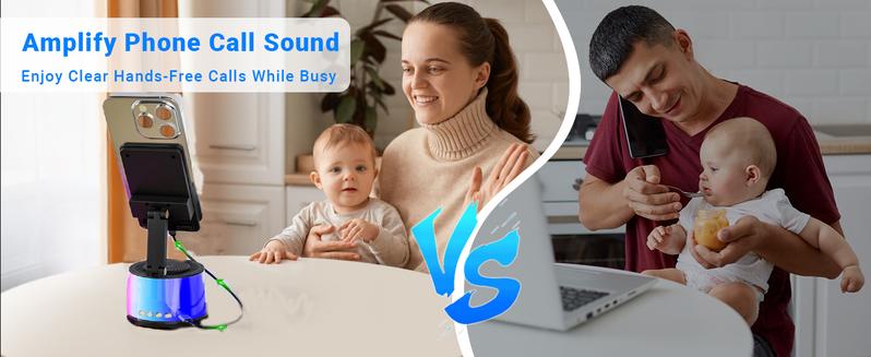 Bluetooth Speaker Phone Stand, Phone Speaker Amplifier, Stereo Sound, Adjustable Holder Wireless Induction Audio Bluetooth Speaker 5in1 Phone Holder Emergency Rechargeable with Colorful Ambient Light 300° Foldable for Tablet iPhone Android