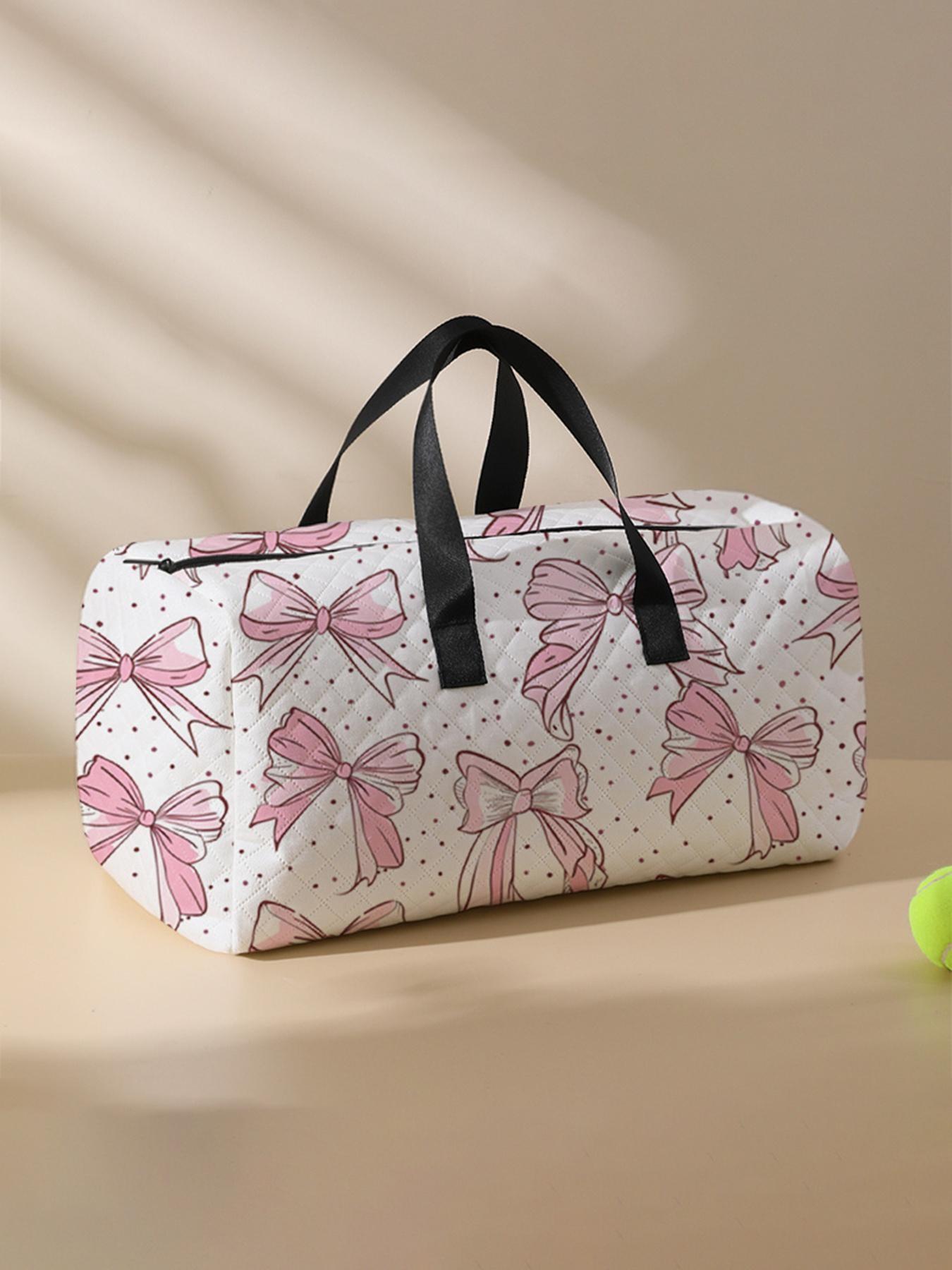 2024 New Style Quilted Bow Pattern Duffle Bag, Large Capacity Travel Bag, Portable Overnight Duffel Bag with Shoe Storage, Fashionable Travel Bag for Women & Girls