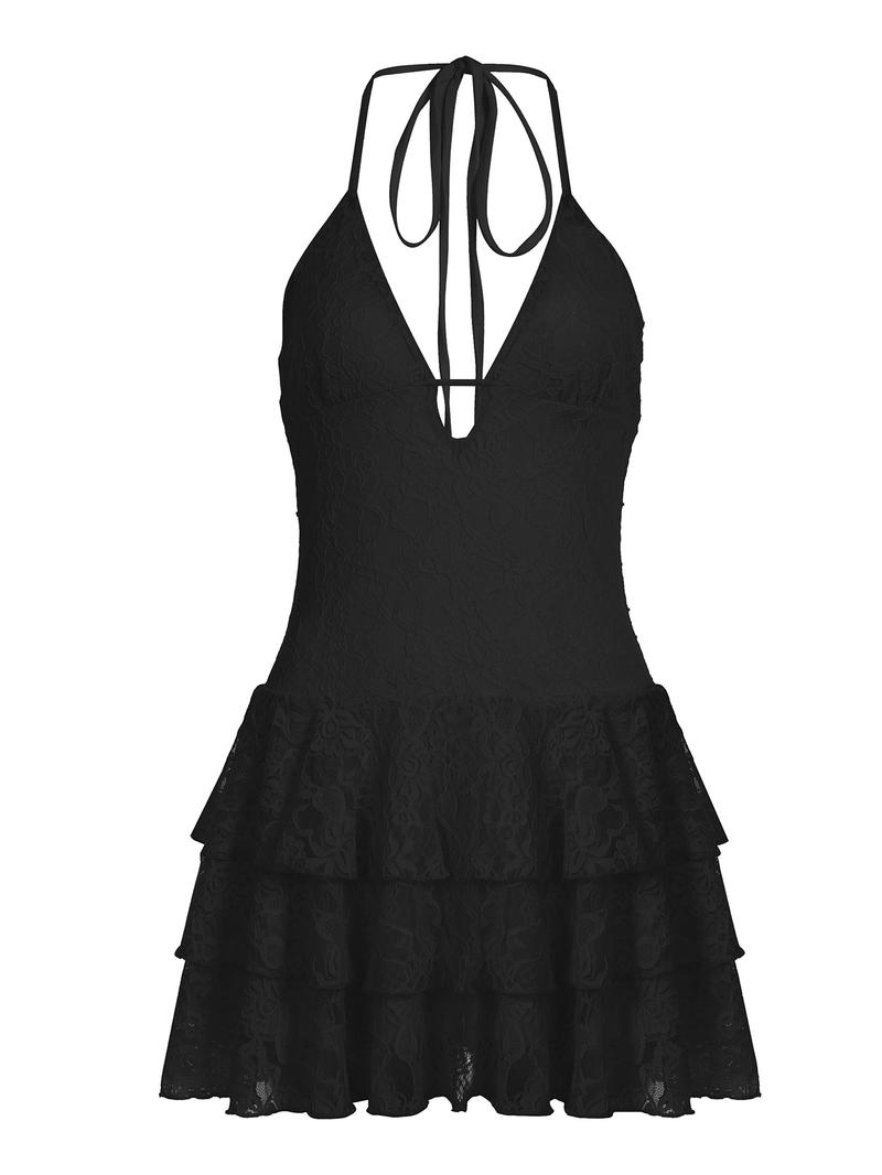 Women's Solid Color Halter Neck Lace Dress, Fashion Casual Sexy Sleeveless Dress for Daily Outdoor Wear, Women Dress for Summer