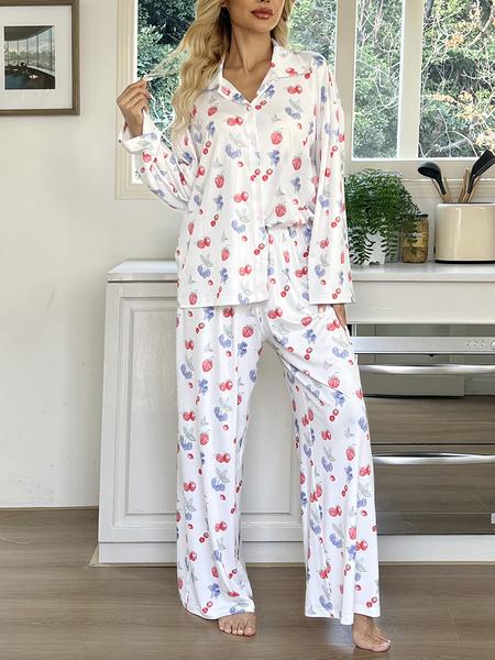 Dancing Again Women's All Over Print Pocket Shirt & Elastic Waist Pants Pyjama, Casual Comfy Button Front Drop Shoulder Collared Top & Trousers Pj Set, Pajamas, Women's Sleepwear & Loungewear for Spring & Fall, Cute Pajama Sets