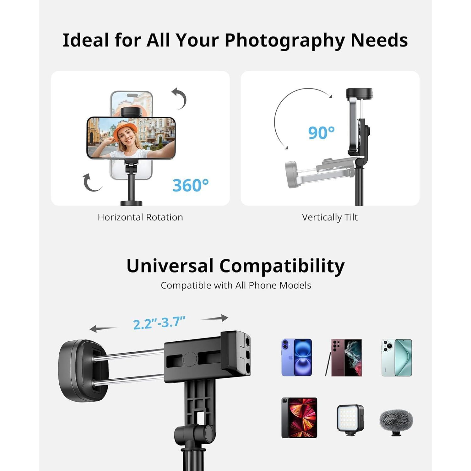 Selfie Stick Travel Tripod for   Remote for Selfies, Extendable Selfie Stick for , iPhoneTripod for Video Recording, 60 inch, Black