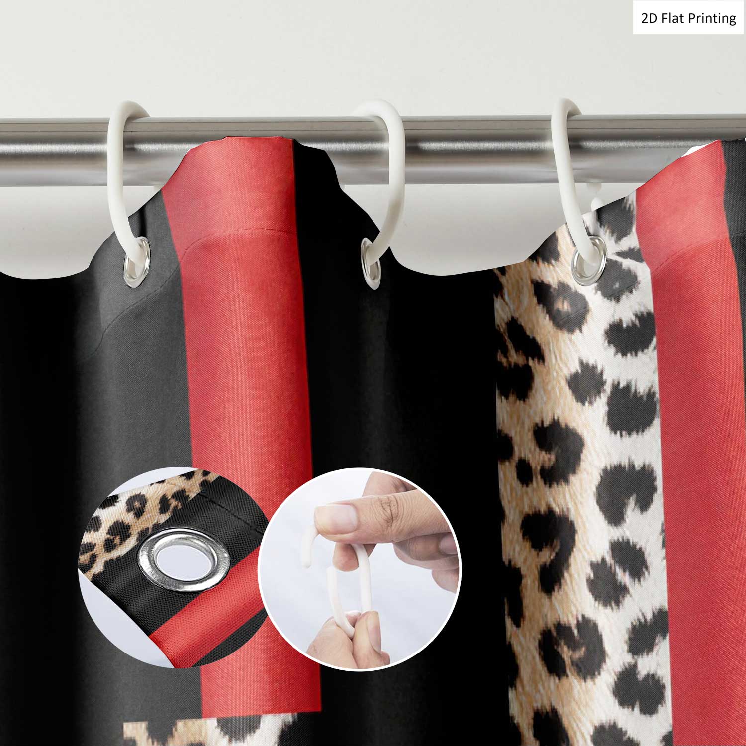 1/4PCS LEOPARD PRINTED IN RED AND BLACK Shower Curtain Set with Rugs, Non Slip Bath Mat, U-Shape Carpet, Toilet Lid Cover, Bathtub Curtain Accessories, 12 Hooks, Home Bathroom Festival Decor