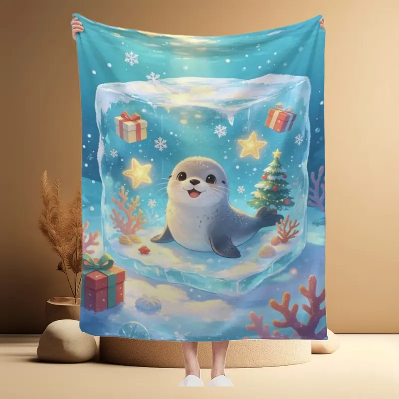 Luminous Ice Cube with Little Seal Underwater Flannel Blanket, Ocean Coral Christmas Gift, Snowflake Holiday Soft Warm Lightweight Home Blanket