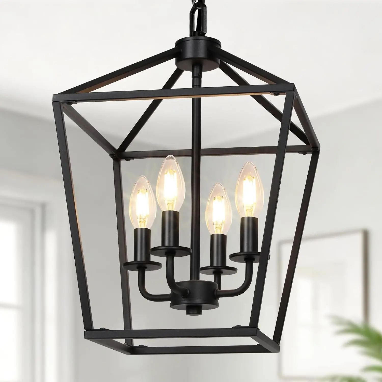 4-Light Chandelier Industrial Ceiling Light, Black Lantern Fixture with Farmhouse Metal Cage, Adjustable Height Rustic Geometric Hanging Pendant, E12 Base for Kitchen Island Entryway Indoor