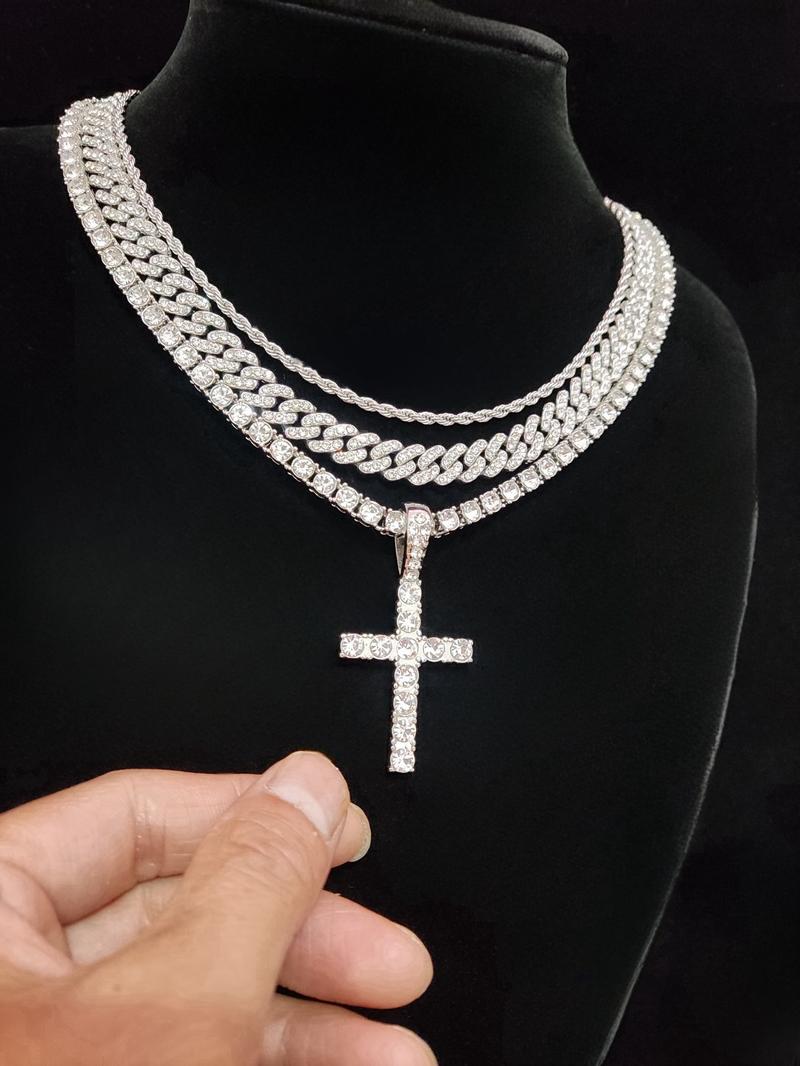 Summer Rhinestone Decor Cuban Link Chain Necklace & Cross Charm Necklace for Men & Women, Punk Style Exquisite Trendy Hip Hop Iced Out Jewelry As Gift