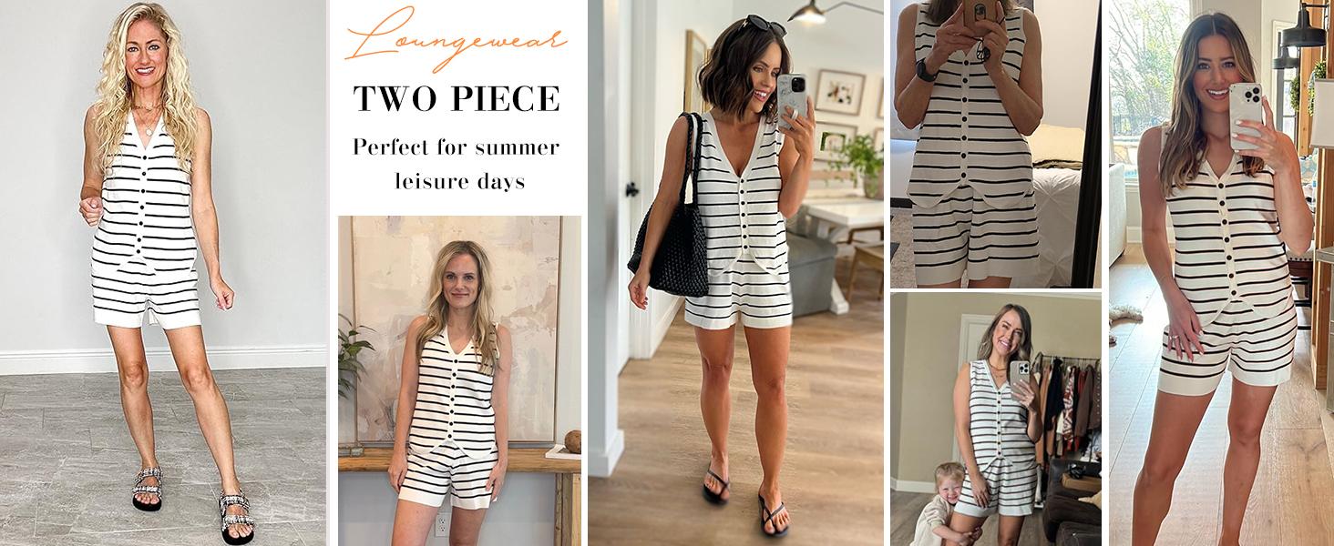 ARTFREE Womens 2 Piece Outfits Summer Striped Casual Lounge Sets Knit Sleeveless V Neck Tops Short Sets