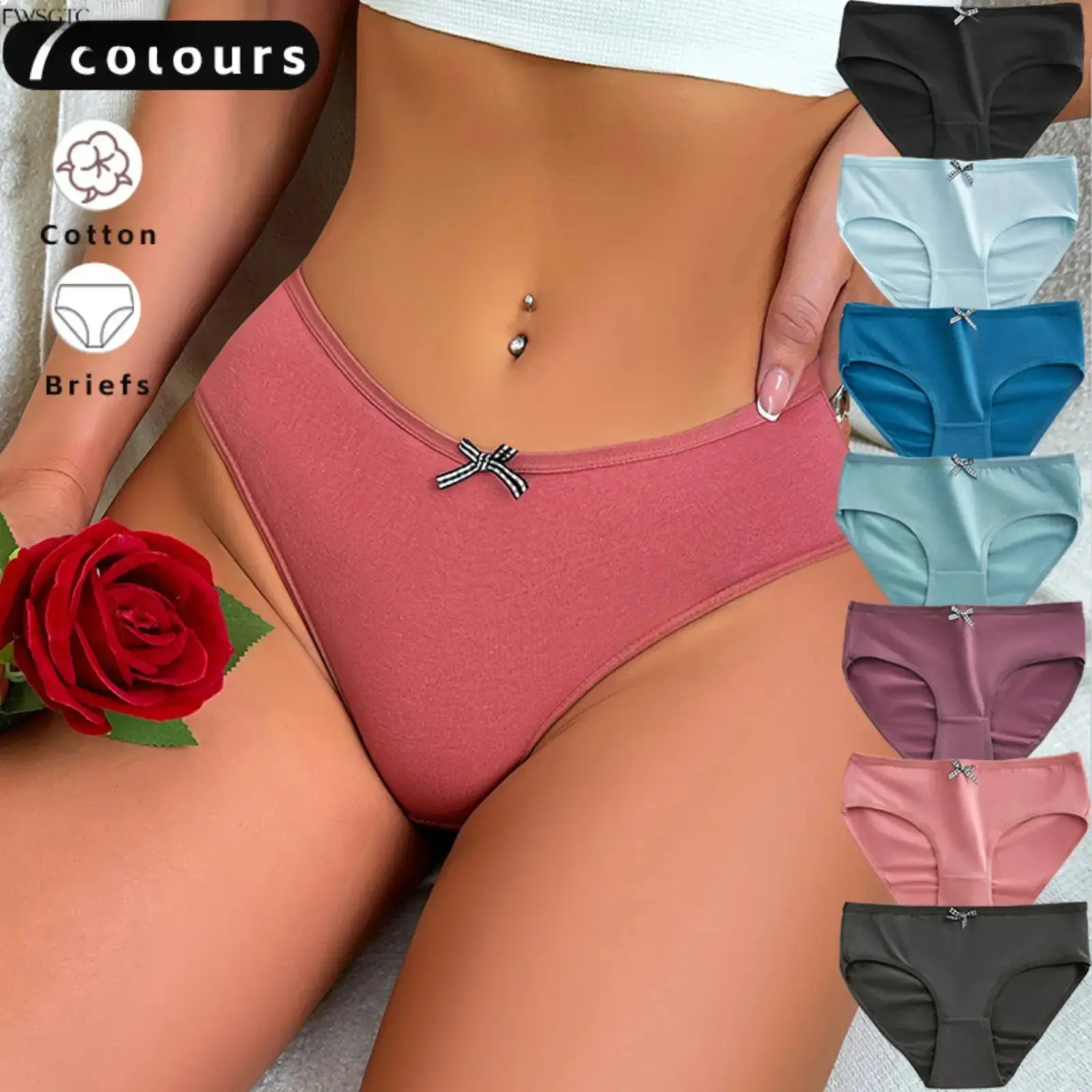 7‑Pack Assorted Mid‑Waist Women Briefs, Flexible Stretch Non‑Roll Waistband Panties, Cute Bow Accent Cotton Crotch Breathable Gentle‑Touch Intimate Wear, Casual Comfort‑Focused Underpants For Home Rest Errands Everyday Outfits