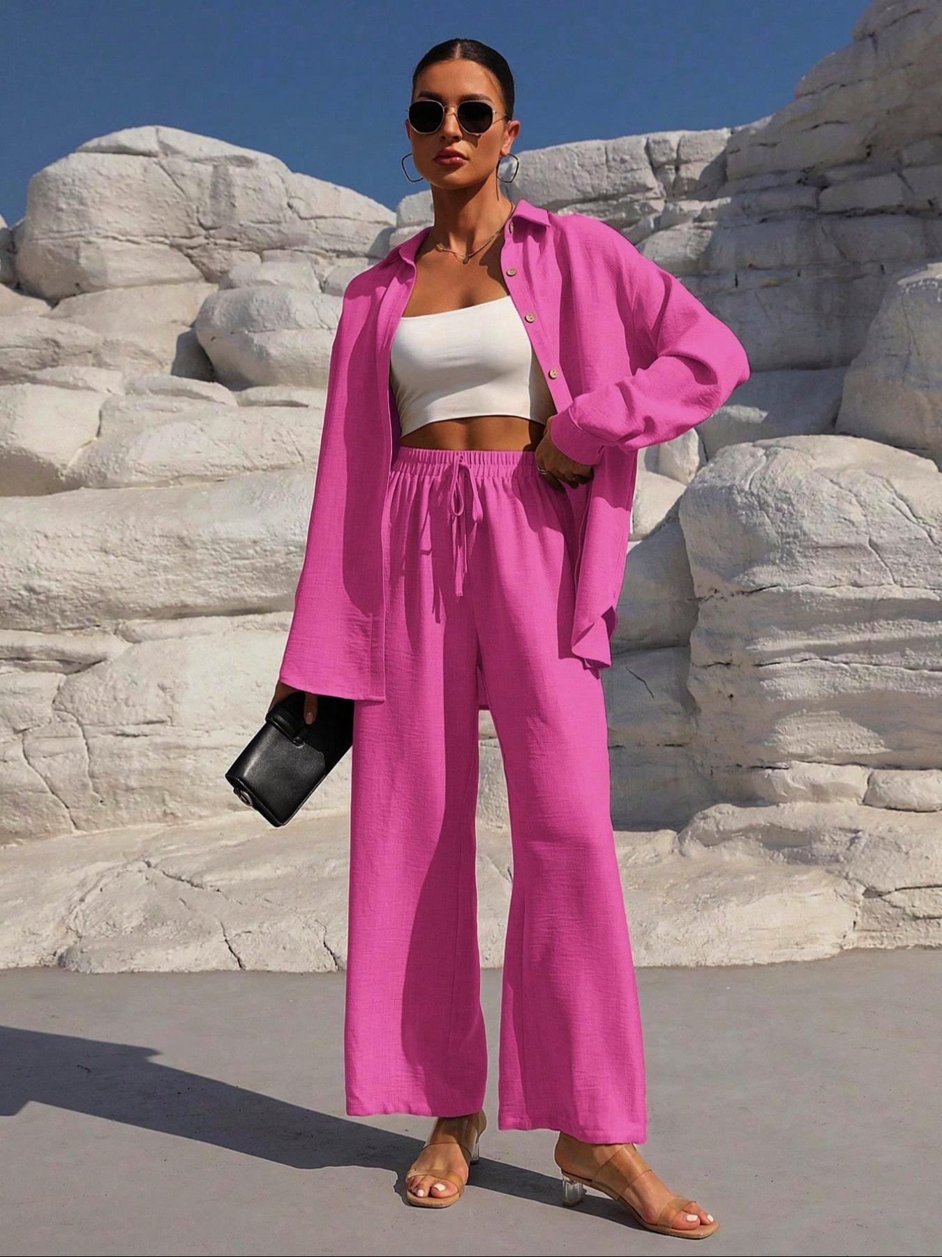 Women's Solid Button Front Shirt & Tie Front Wide Leg Pants Two-piece Set, Casual Drop Shoulder Long Sleeve Top & High Waist Trousers 2 Piece Set for Spring & Fall, Women's Clothes for Daily Wear, Linen Set, Womenswear