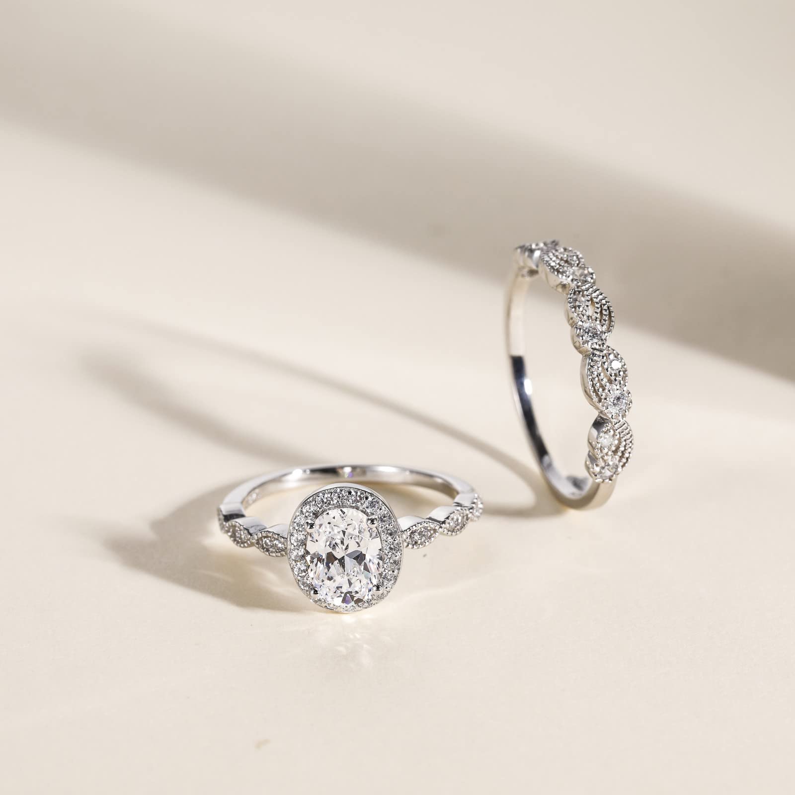 EAMTI 1.5CT 925 Sterling Silver Bridal Rings Sets Oval Cubic Zirconia Halo CZ Engagements Wedding Bands for Women Promise Rings for Her