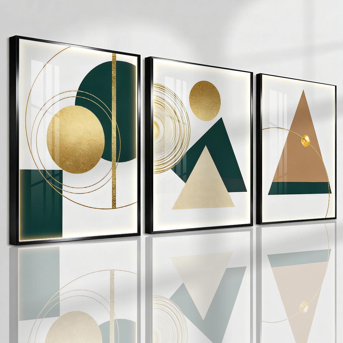 3 Counts Aluminum Alloy Framed Painting, Geometric Gold And Green Abstract Shapes Pictures, Home Decoration For Living Room, Bedroom, Office, Restaurant, Hallway Wall Decor, Odorless Print Artwork, Luxury Perfect Gift For Friends And Family