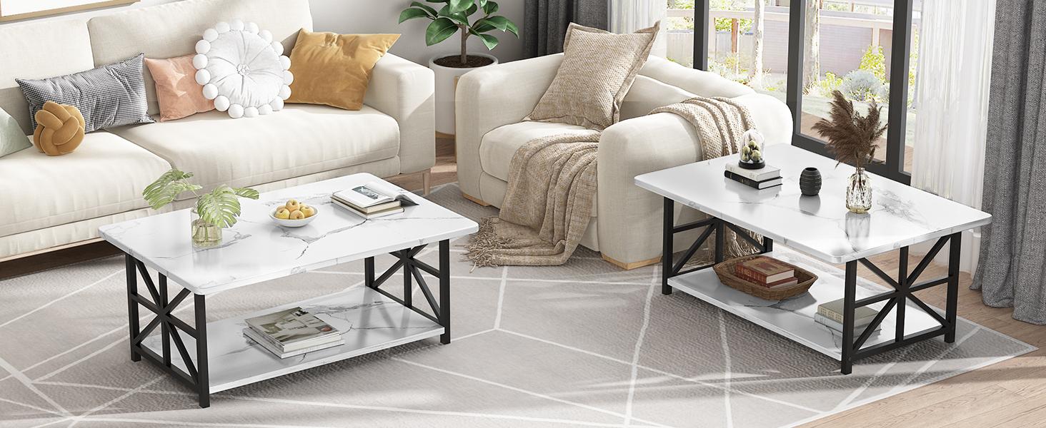 Farmhouse Coffee Table - AWQM 2-Tier Rectangular Table with Storage Shelf, Round Corners, Grey, 39.37×21.65 Inches