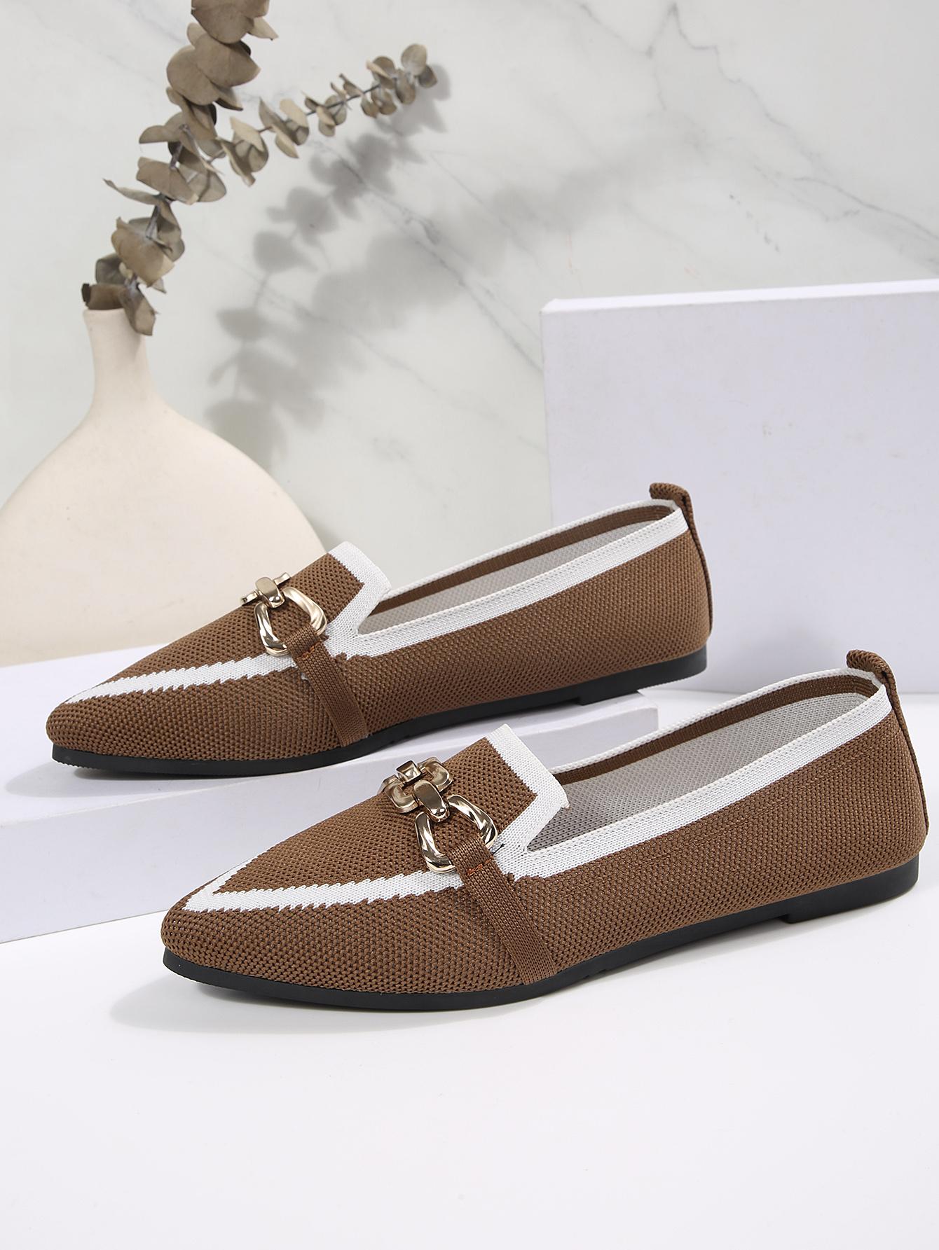 1 Pair Women's  Colorblock Knit Pointed Toe Metal Buckle Flat Loafers, Minimalist Commute Style Breathable Slip-On Shoes, Versatile Elegant Comfortable Professional Footwear for Office Work