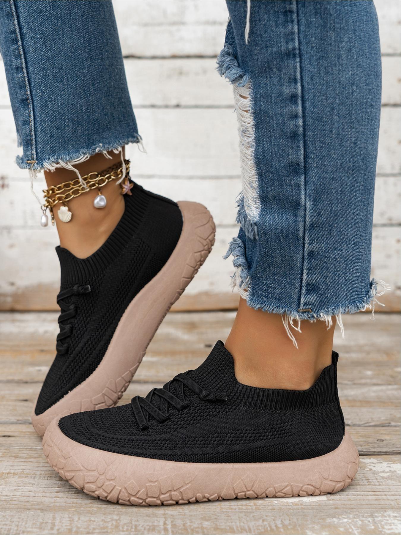 Elastic Flyknit Sock Laces Casual Shoes for Women, Colorblock Thick Sole Breathable Mesh Lazy Sports Shoes, Lightweight Soft Bottom Summer Commute Walking Student Versatile Slip-On Anti-Slip Leisure Shoes, Thick Soled Shoes