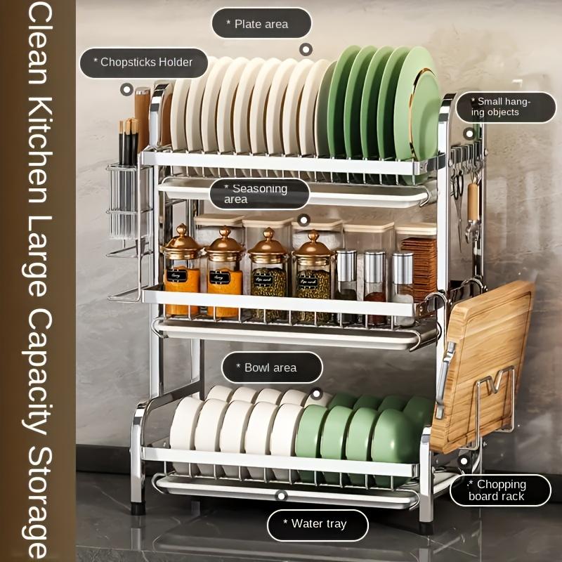 Kitchen Organizer with Drainage System - Dish Drainer, Dish Racks, Multifunctional Tableware Storage Rack, Durable Carbon Steel Material, Double-Layer Design with Knife Holder and Cutting Board Storage