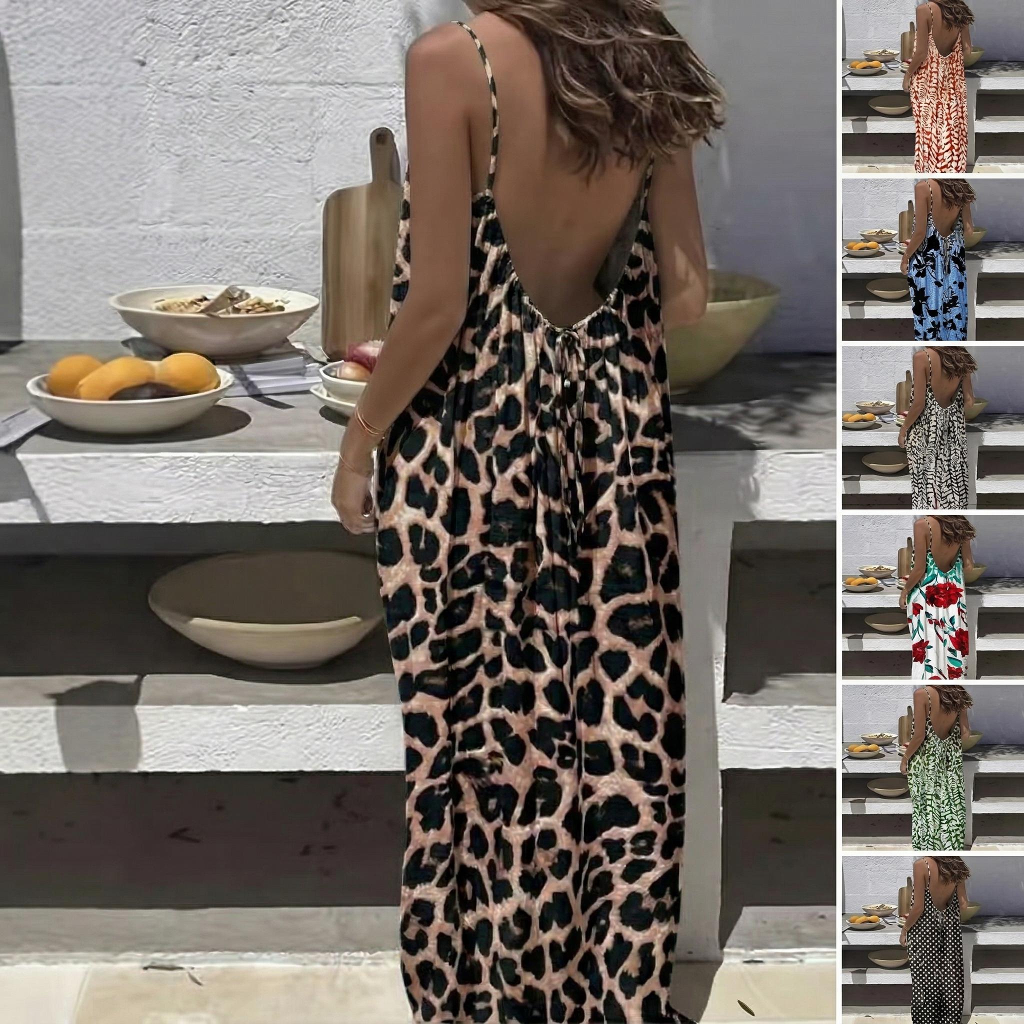 2026 Women's Nightdress Printed Halter Neck Backless Loose Nightgown Casual Homewear in Leopard Print