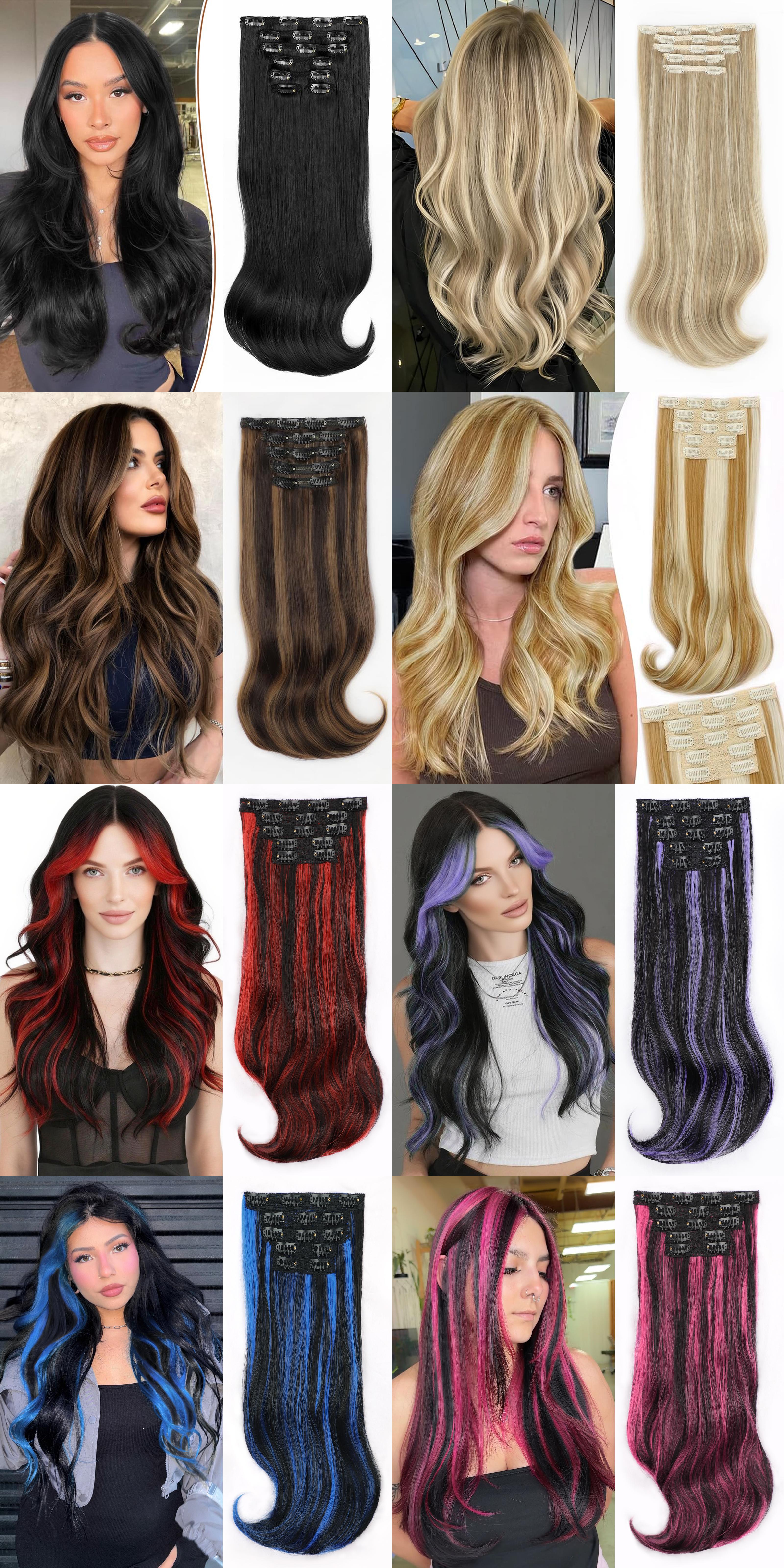 ALXNAN Synthetic Bleach Blonde Clip-in Hair Extensions Natural Straight Long Layered for Women Curly Wavy Heat Resistant Natural Straight