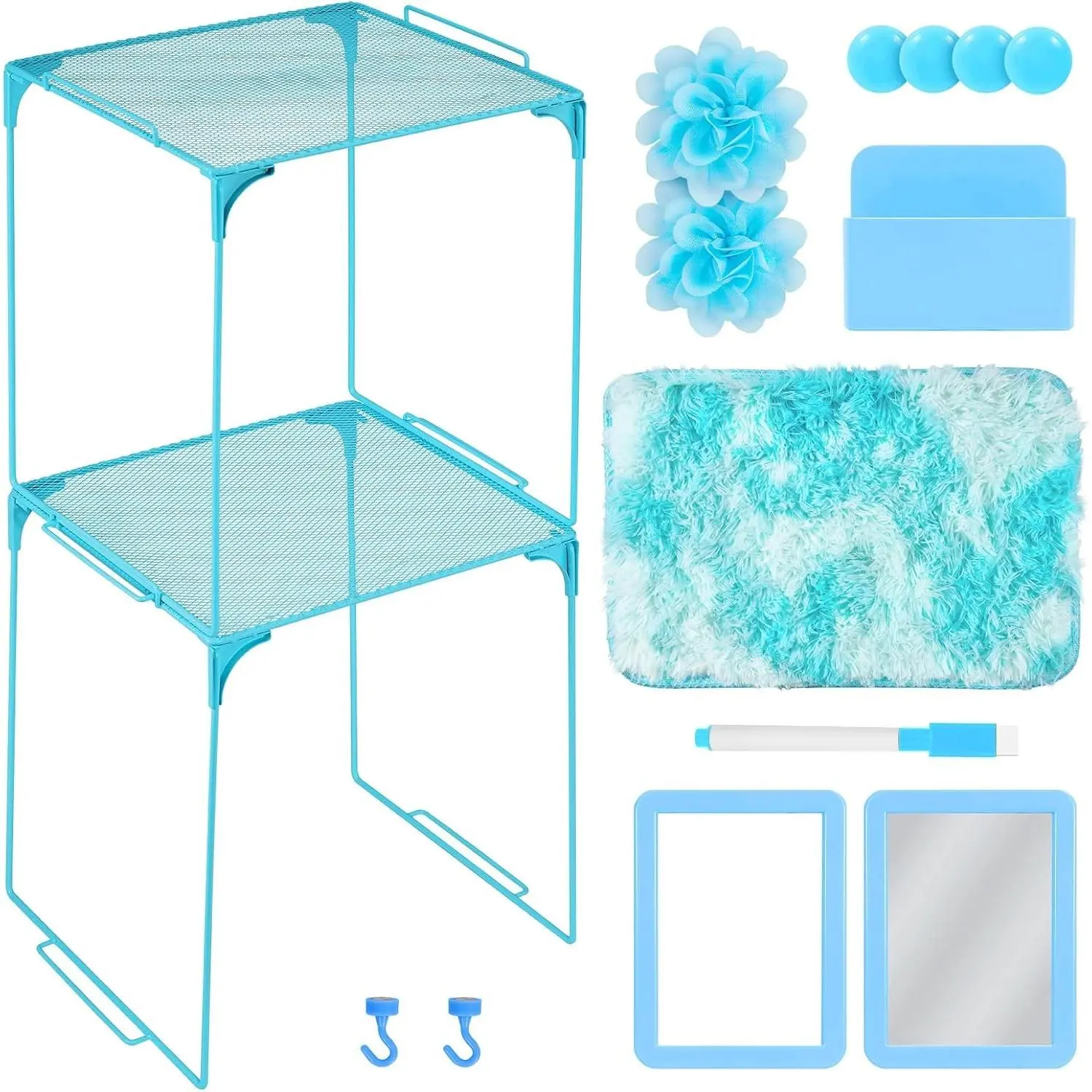 14 PCS School Locker Organizer Kit with 2-Tier Shelf and Accessories | Locker Accessories,Includes Stackable Shelf,Rug,Magnetic Mirror,Whiteboard,Marker,Hooks&Pen Holder,Back to School Essentials