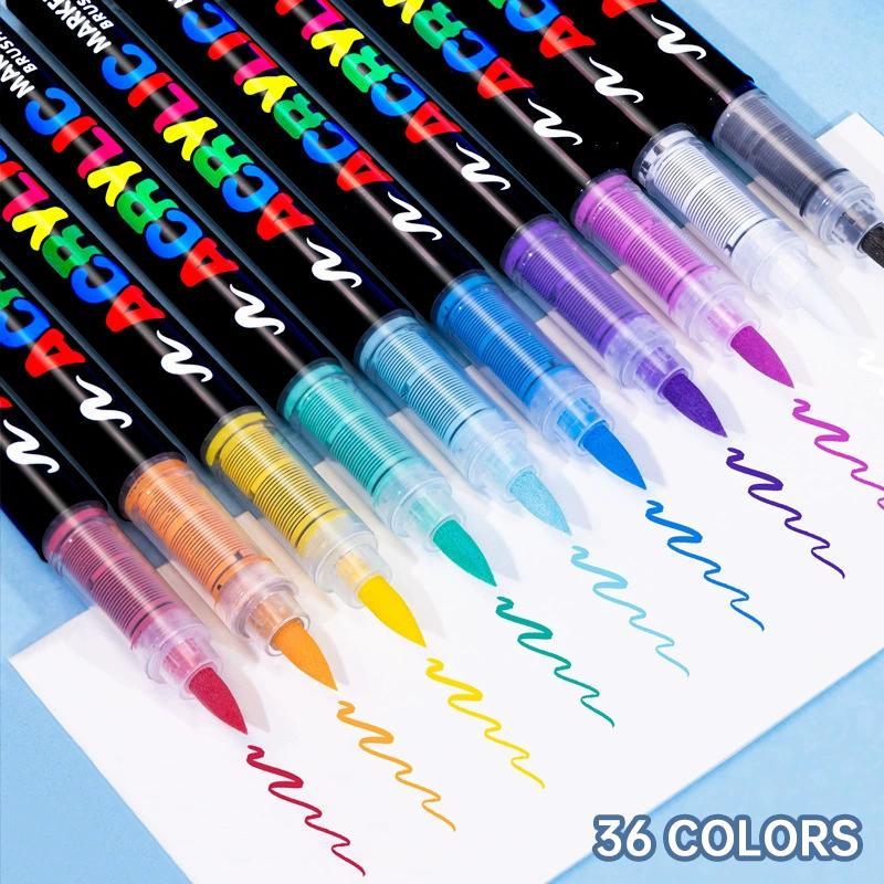 Acrylic Brush Marker Pen 36 Colors PCS , 1 Set Waterproof Pen with Soft Brush Nib, Art Paint Marking Set for Glass Stone Wood Plastic Paper