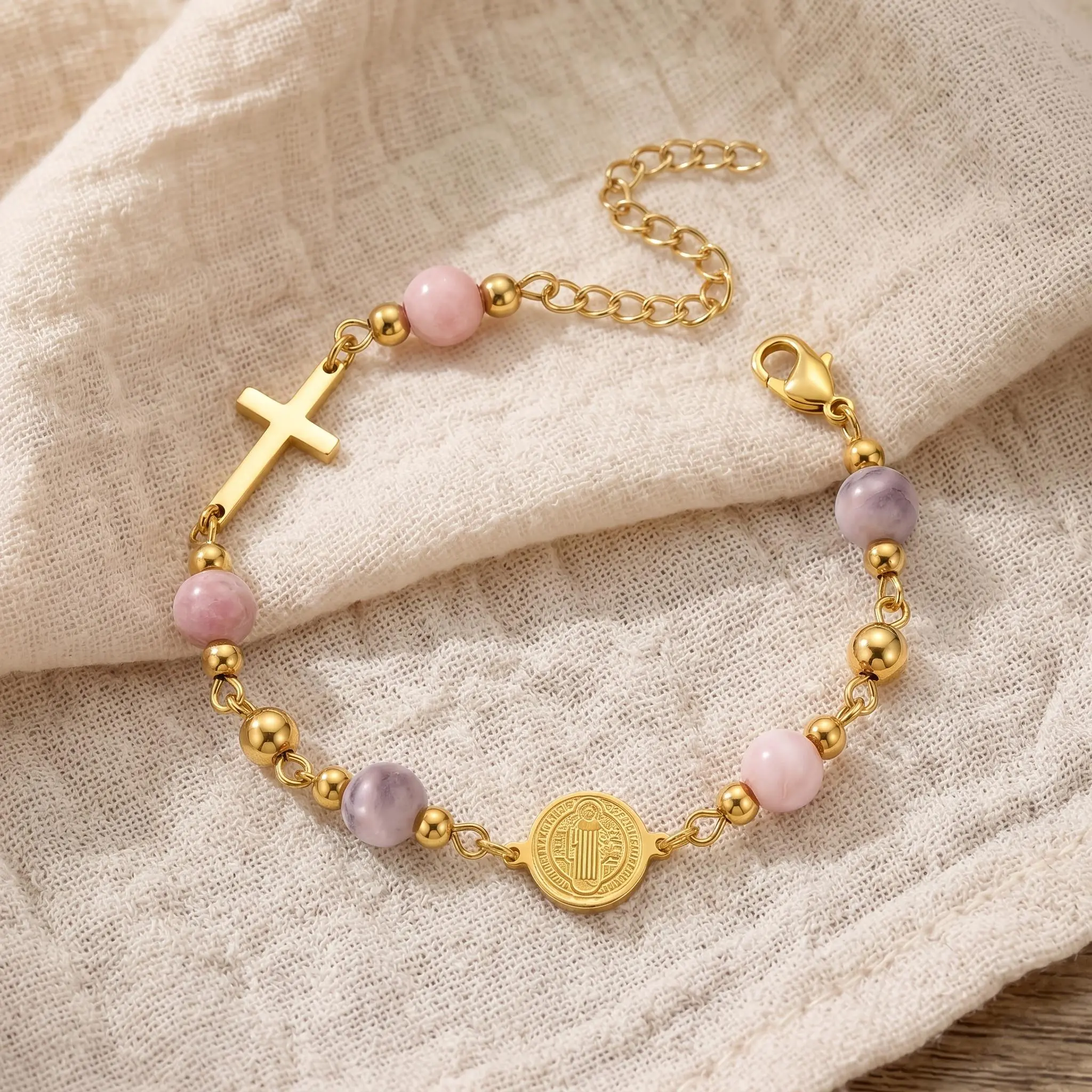 Saint Benedict Medal Cross Bracelet For Women - Pink Natural Stone Beads Adjustable Stainless Steel Catholic Faith Protection Amulet Religious Jewelry Gift For Communion Baptism Wife Friends Believers