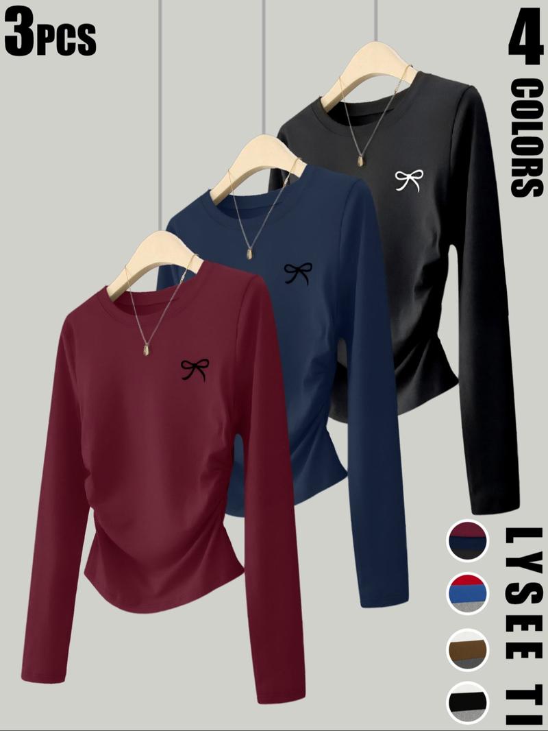 3pcs women's casual and fashionable slim fit small bow print details simple solid color pleated pullover shirt women's round neck long sleeved three piece T-shirt