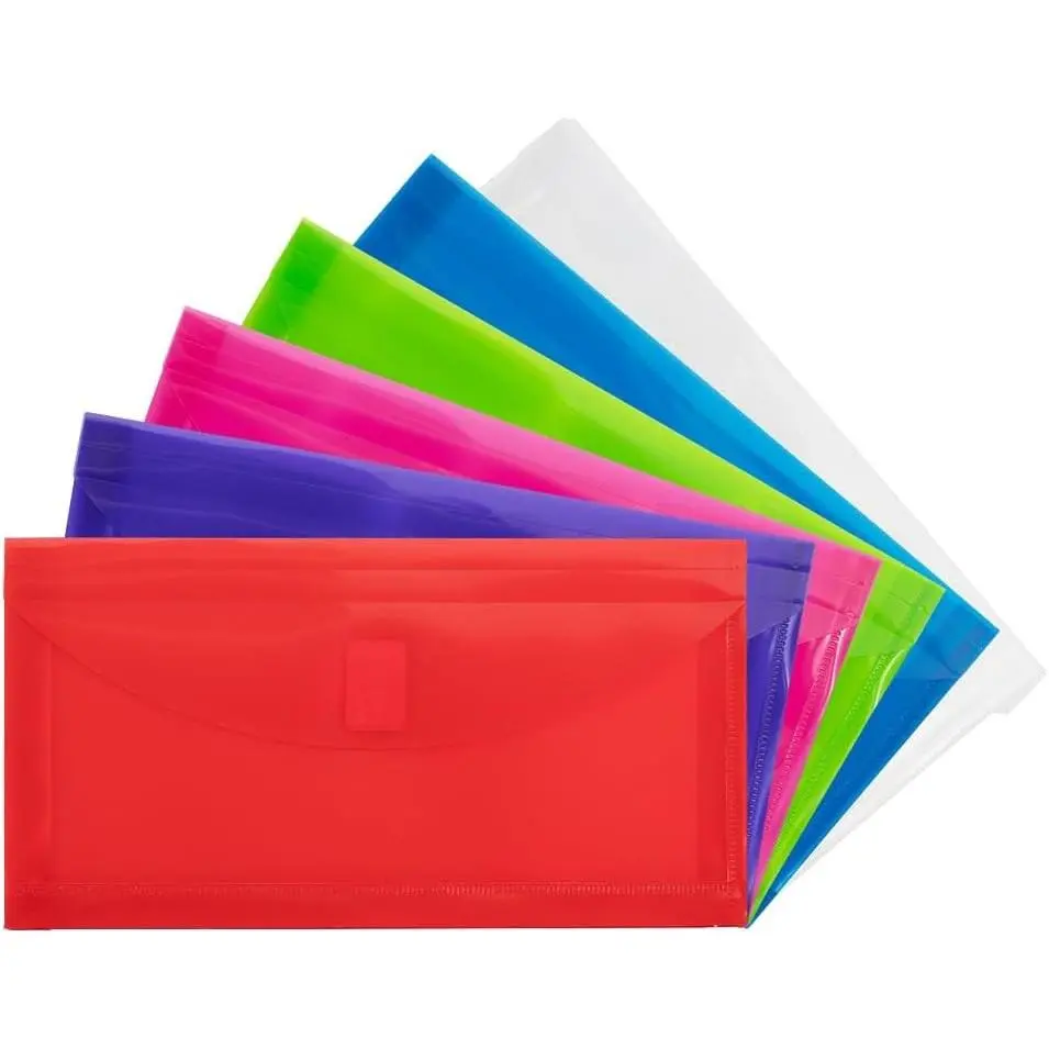 Plastic Expansion Envelopes with Hook & Loop Closure - #10 Booklet Wallet - 5 1/4 x 10 with 1 Inch Expansion - Assorted Colors - 6/Pack