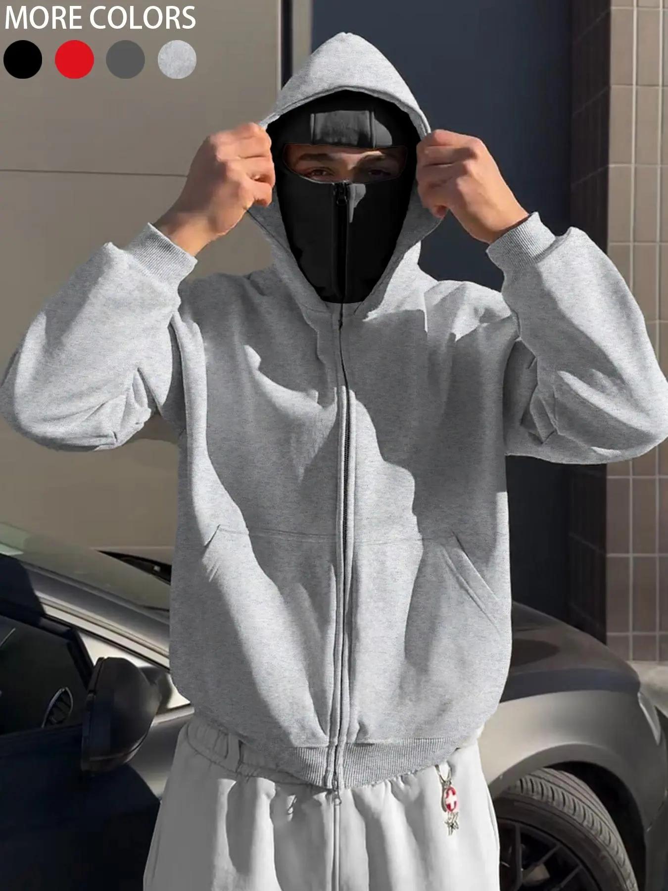 Men's Ninja Hooded Sweatshirt Y2K Style, Loose Fit Streetwear Mask Pullover, Windproof Double Layer Hoodie Jacket for Winter
