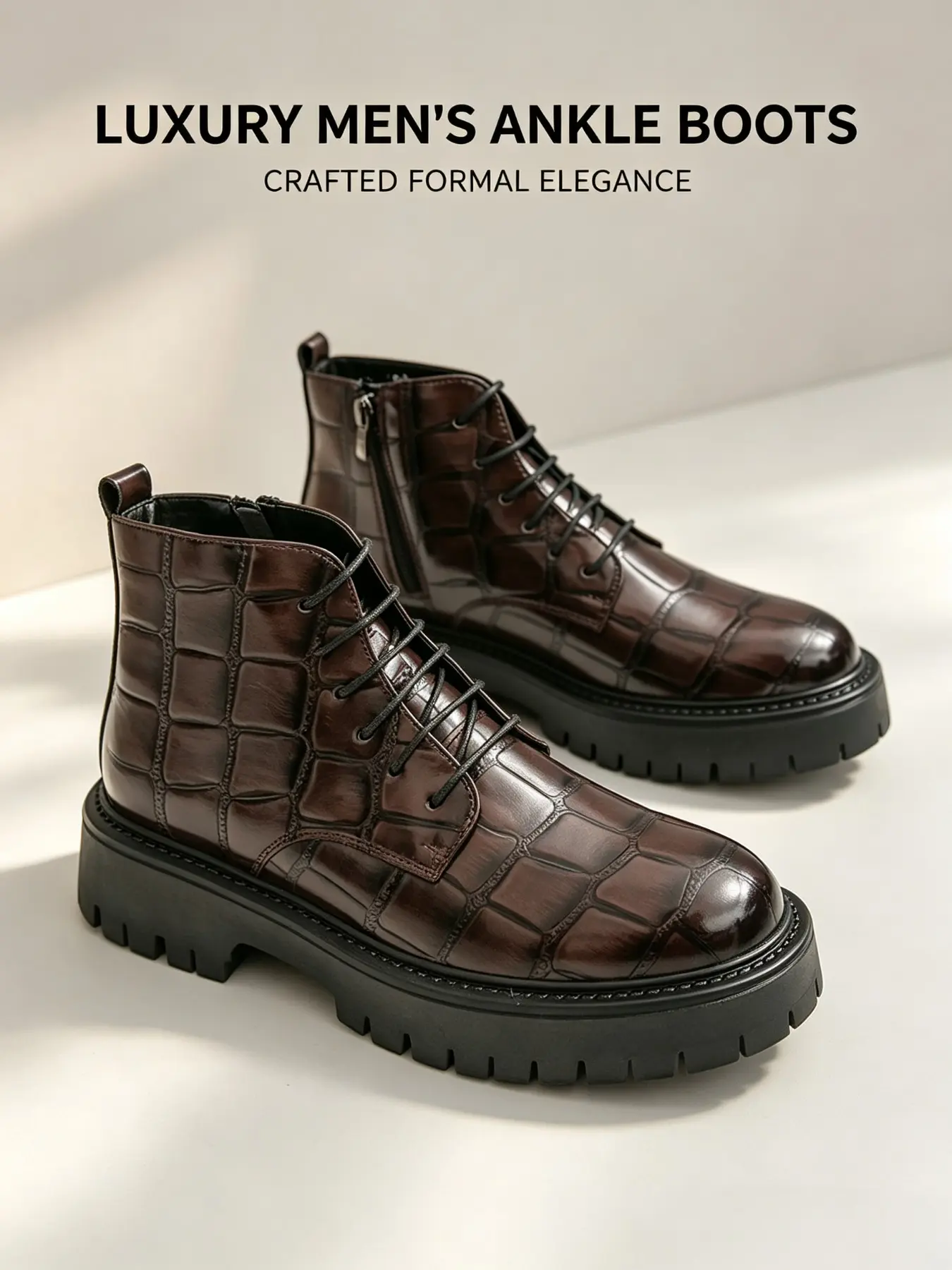 Men's Vintage Crocodile Texture Thick Sole Boots, Casual Plaid PU Leather Above Ankle Shoes, Fall & Winter Streetwear